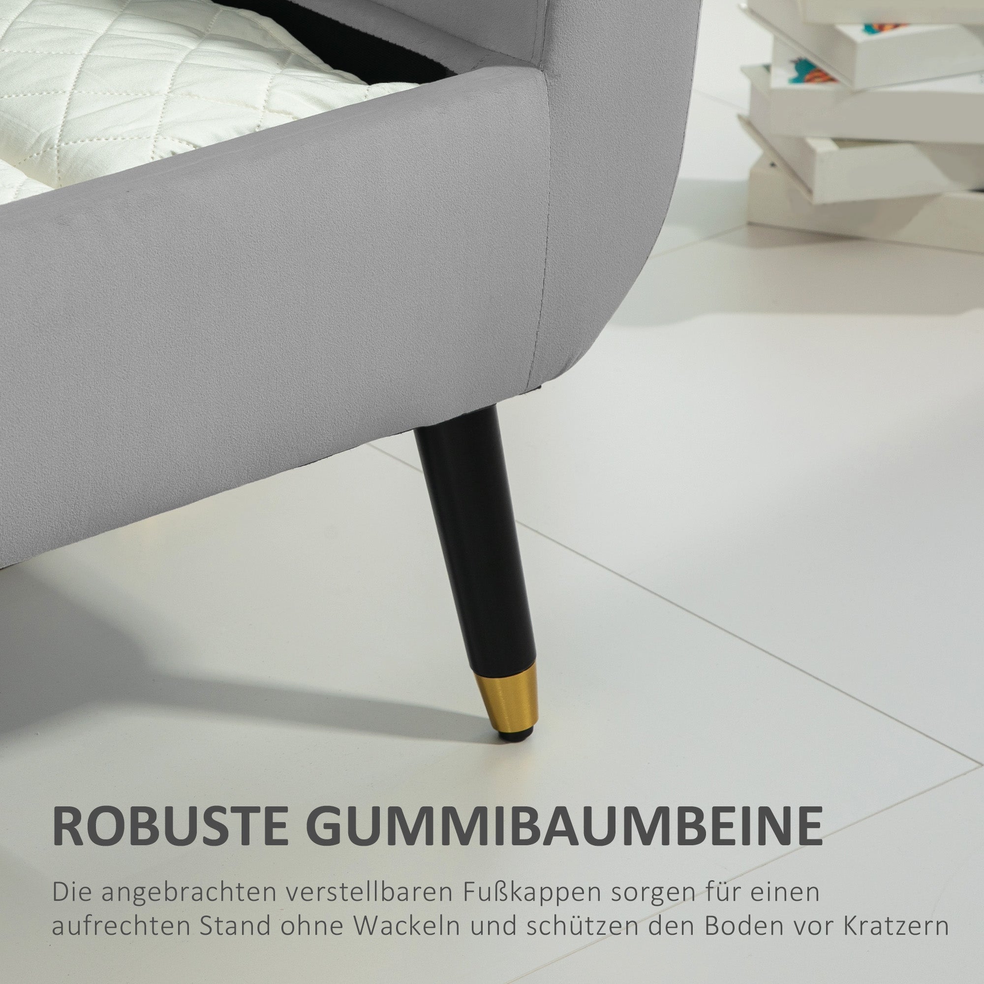 Upholstered Bench, Storage Armrests, Chest, Velvet, Light Grey