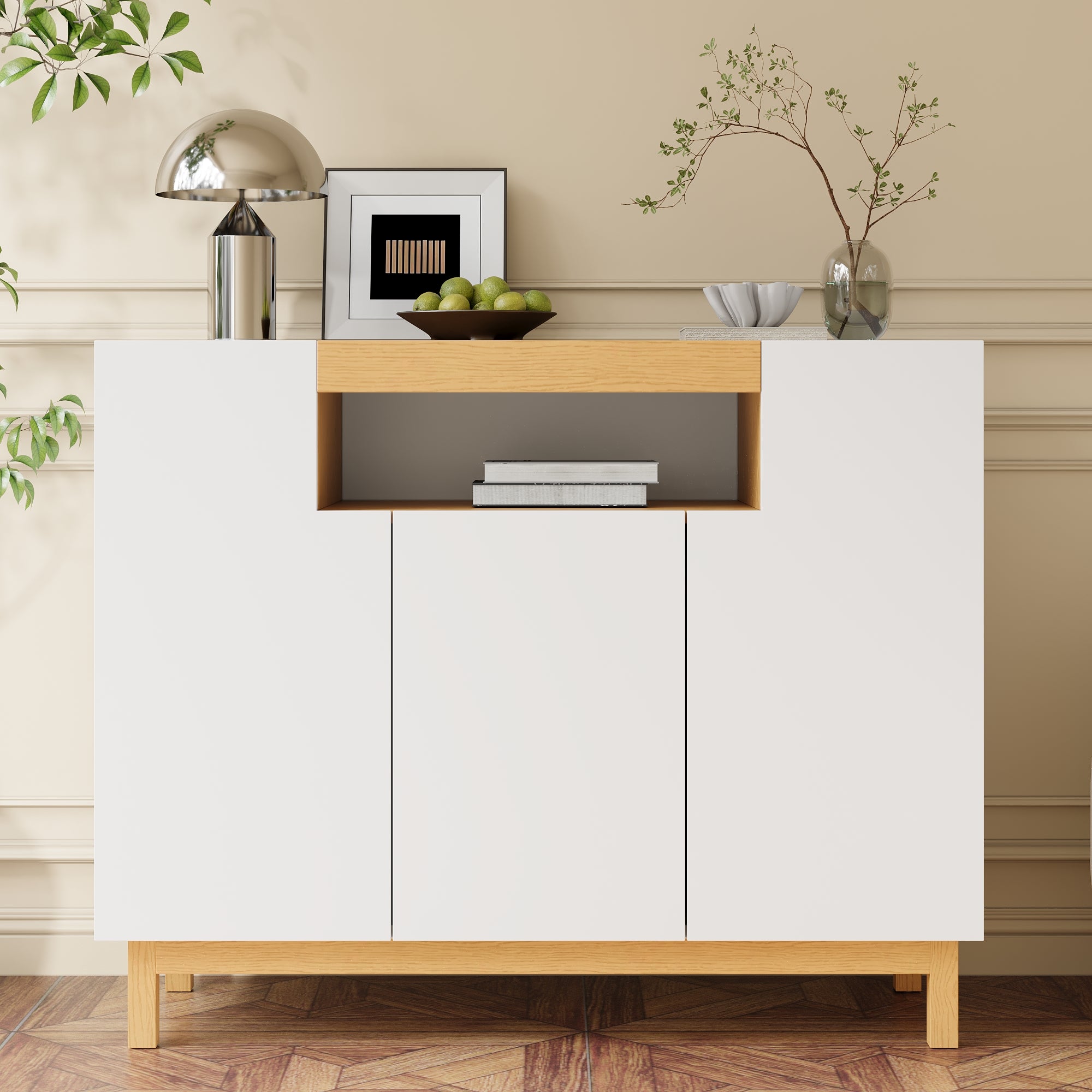 Sideboard, 3-Door Multifunctional Storage Cabinet for Living & Dining, White