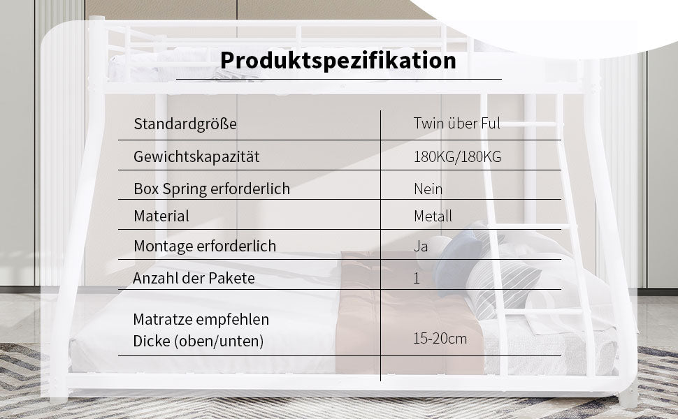 Bunk Bed, Twin Over Full with Ladder & Guardrail, Heavy Duty Metal