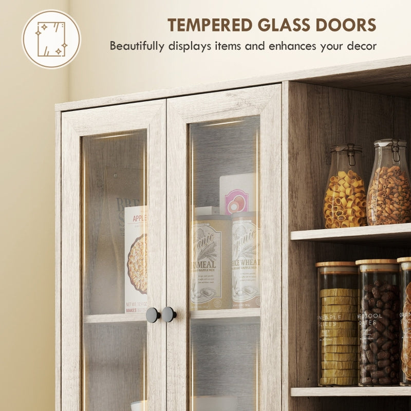 Multi-Storage Kitchen Cabinet with Glass Doors, Grey Wood-Effect