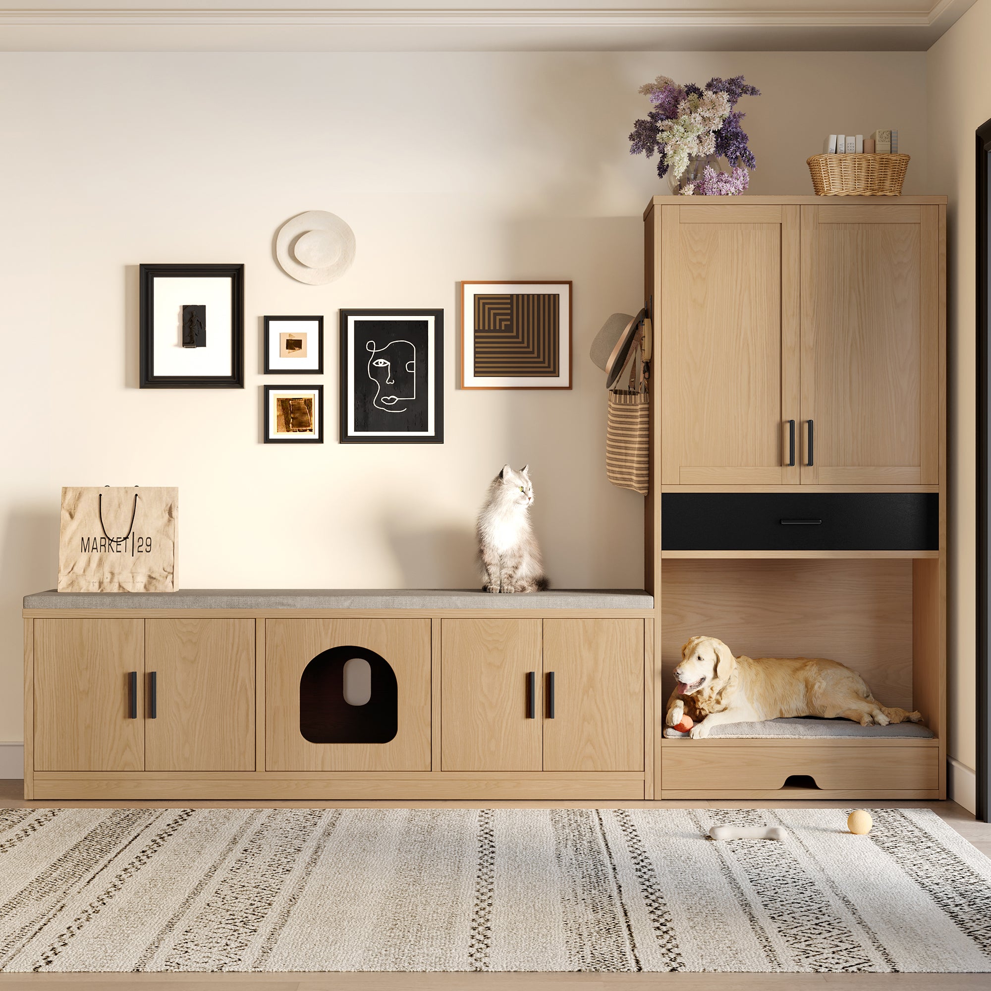 Pet Cabinet, Multifunctional with Feeding Station, Dog Bed, Storage, Hooks, Oak Look