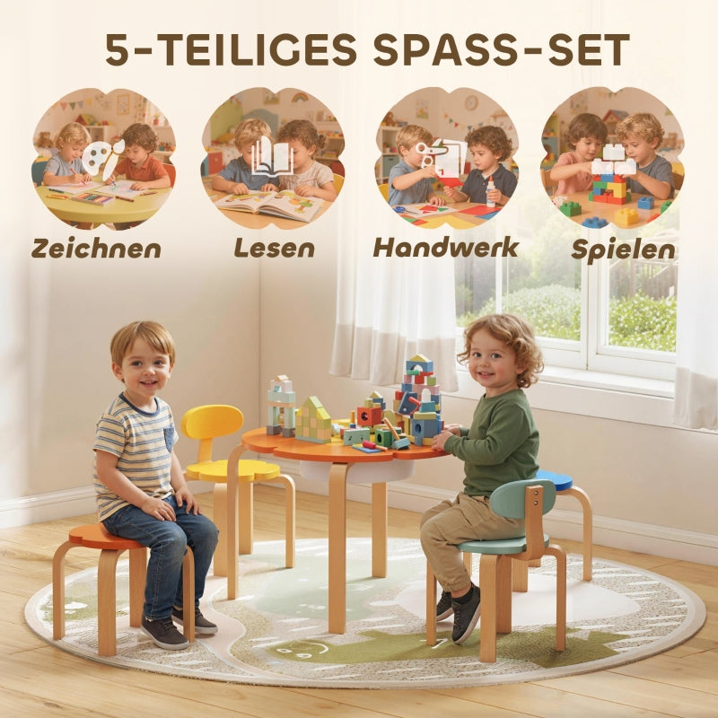 Children's Table and Chair Set 5-Piece Flower Shape Storage Bag - Wood Colorful