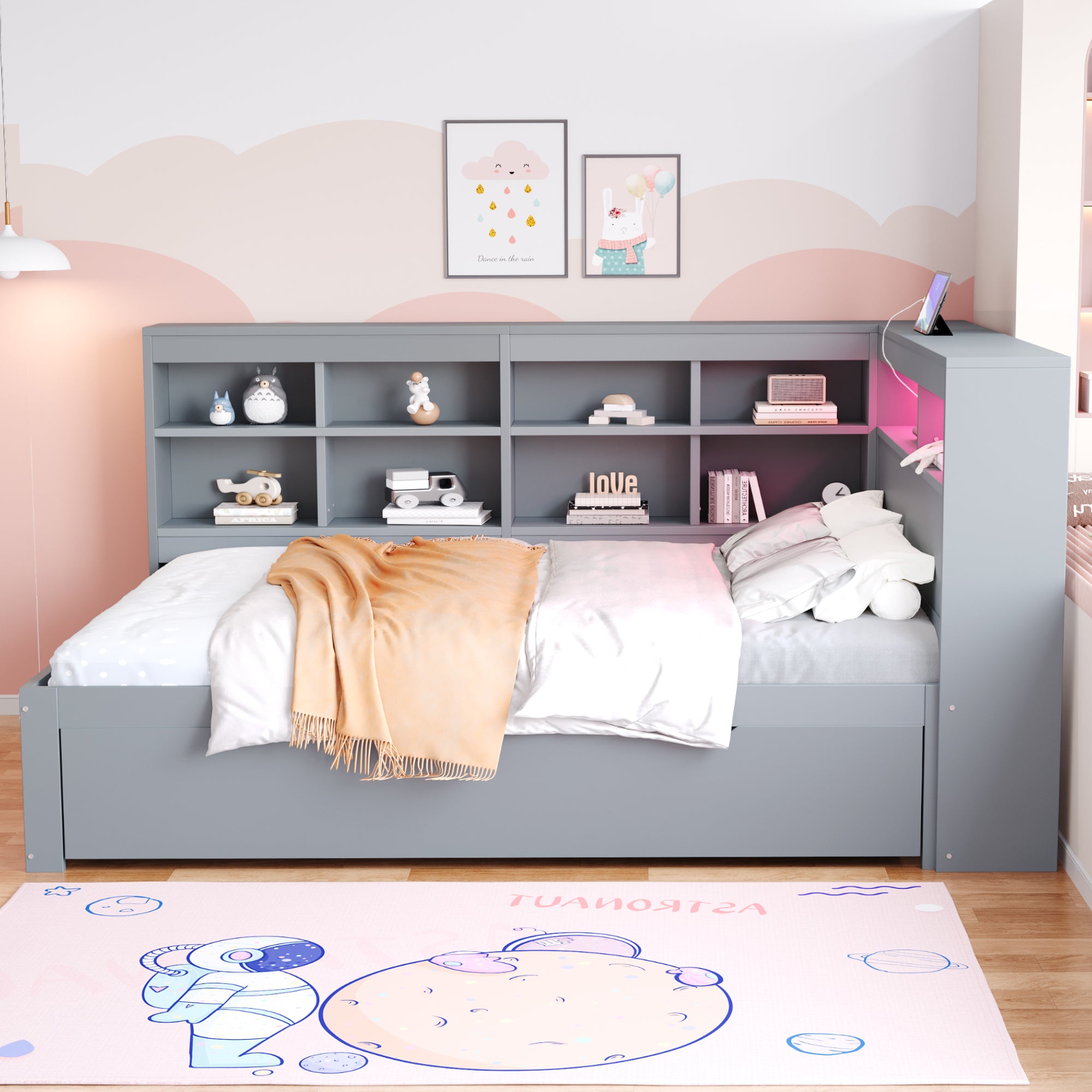 Solid Wood Sofa 140x200cm, Extra Large Drawers, USB, LED, Grey