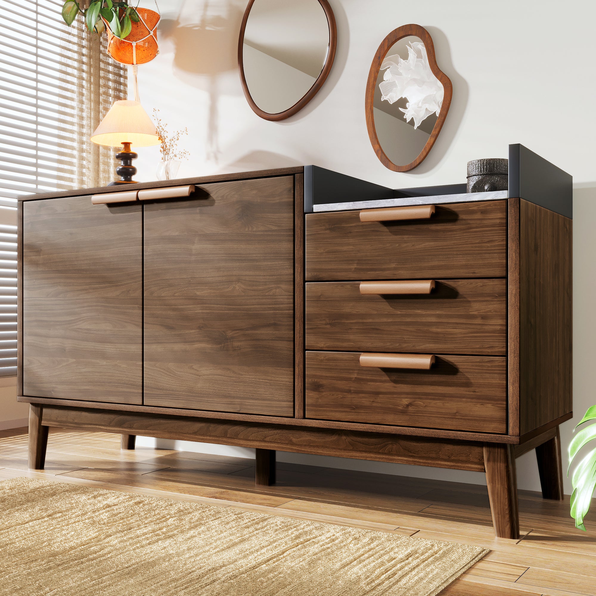 Chest of Drawers, Open Shelf, 3 Drawers & Double-Door Cabinet, Oak with Marble-Effect