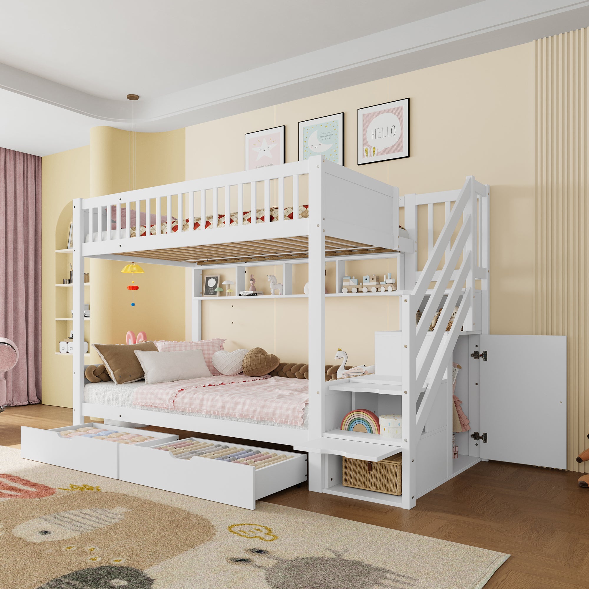 Bunk Bed with Drawer, Shelf, Wardrobe, Storage, 90x200cm, White