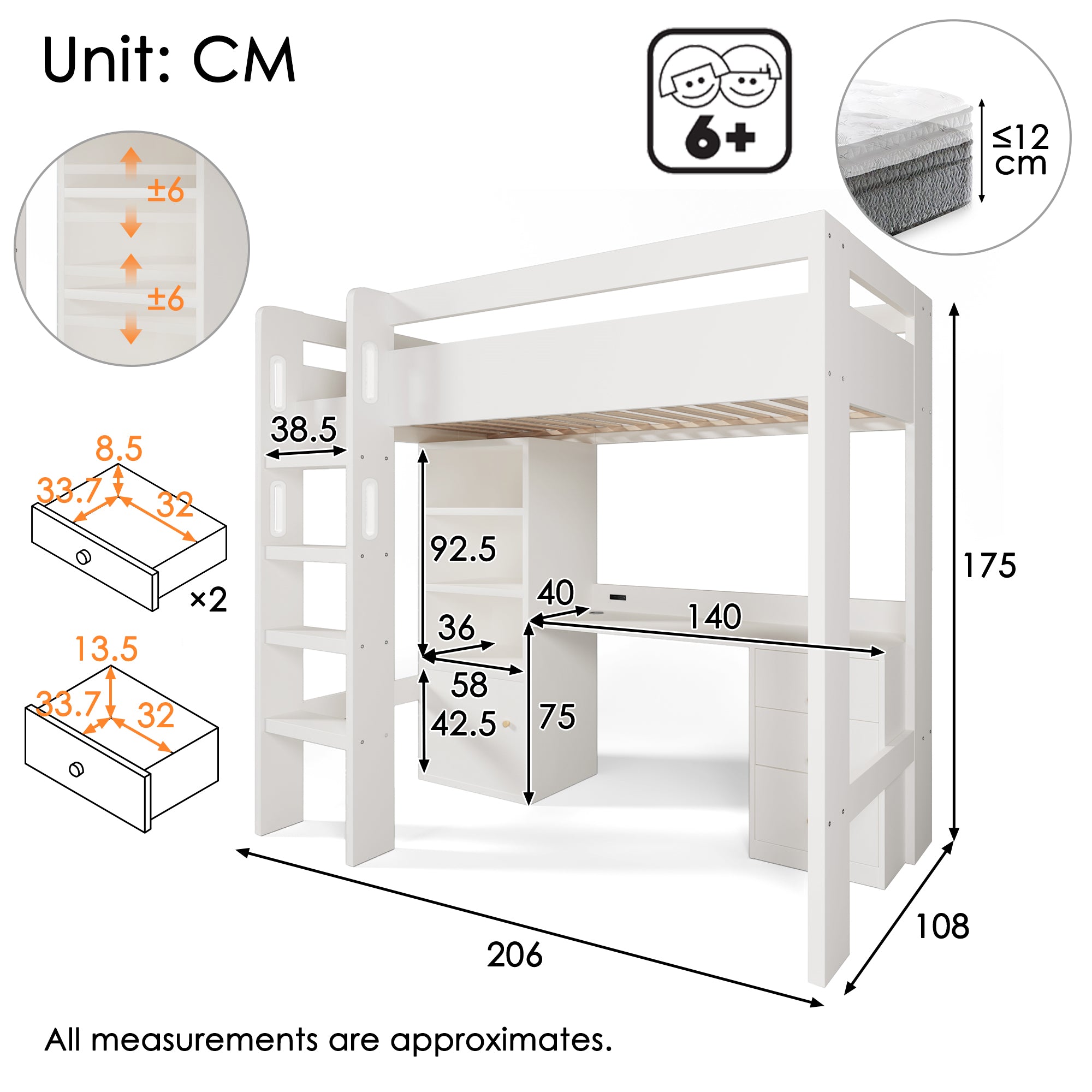 Children's Loft Bed, USB-C Desk, Wardrobe, Filing Cabinet, Stairs, Slatted Frame, Storage, 90x200