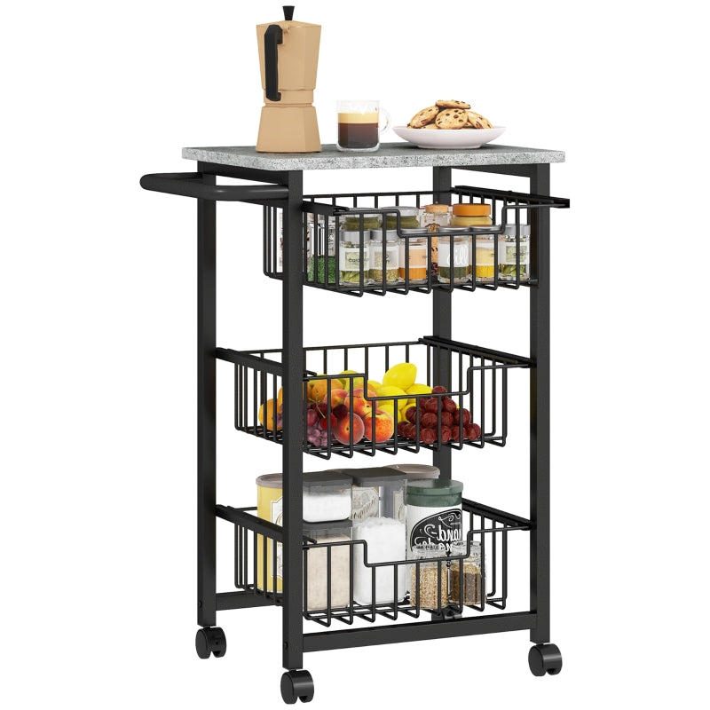 Three Basket Mobile Kitchen Island with Brakes, Grey/Black
