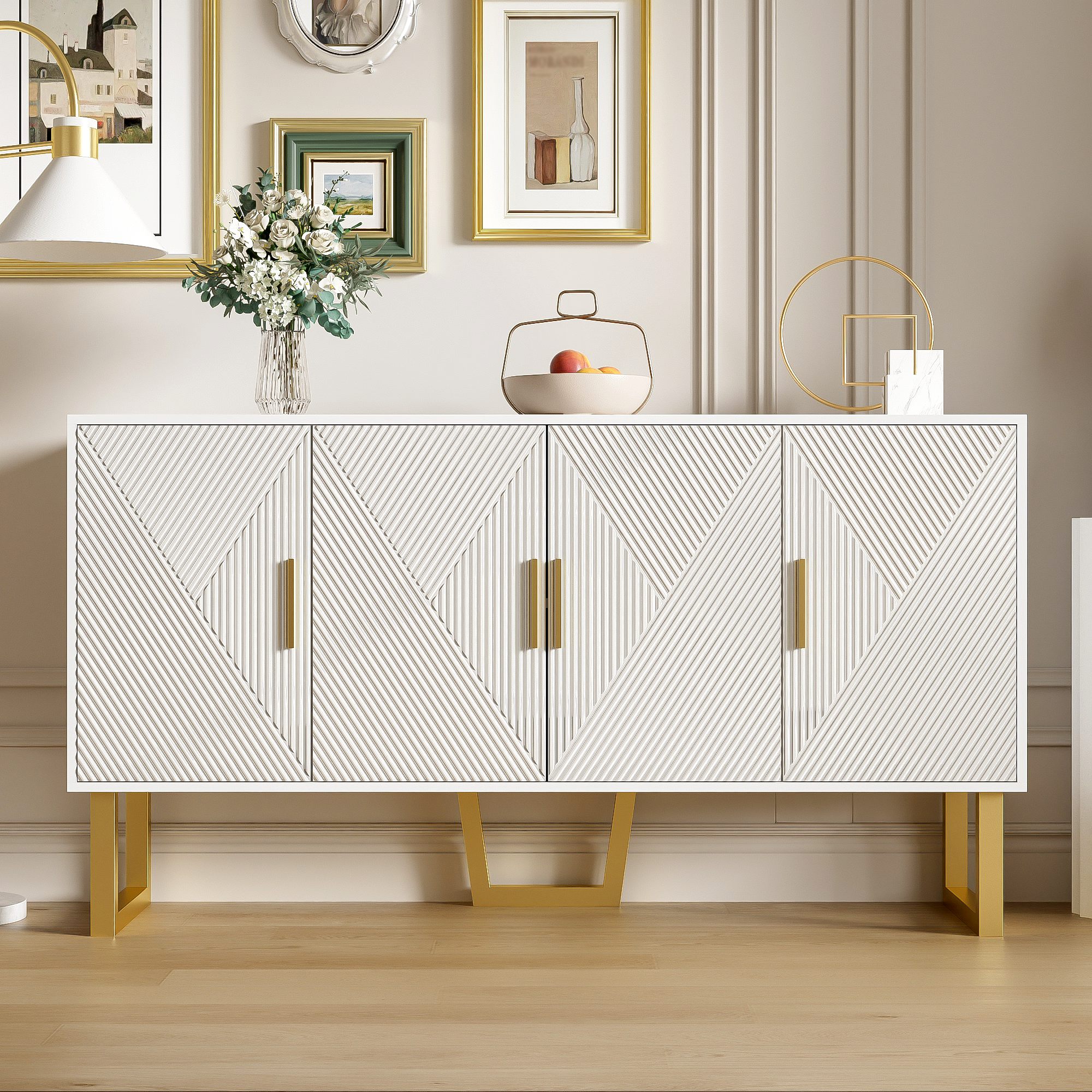 Sideboard, 150cm Modern Luxurious 4-Door with Adjustable Shelves, White High-Gloss