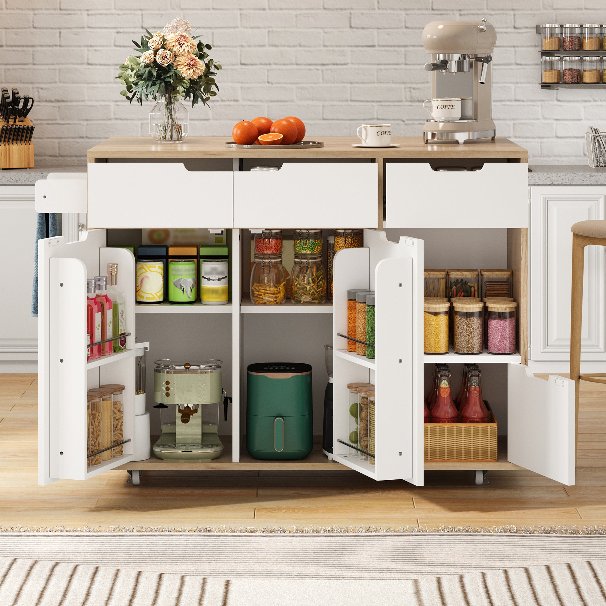 Modern Serving Trolley with 360° Swivel Casters and Storage, White and Wood