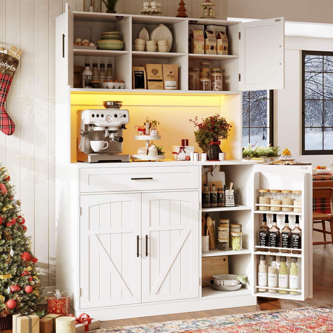 Tall Kitchen Sideboard with LED Strip and Built-in Socket, White