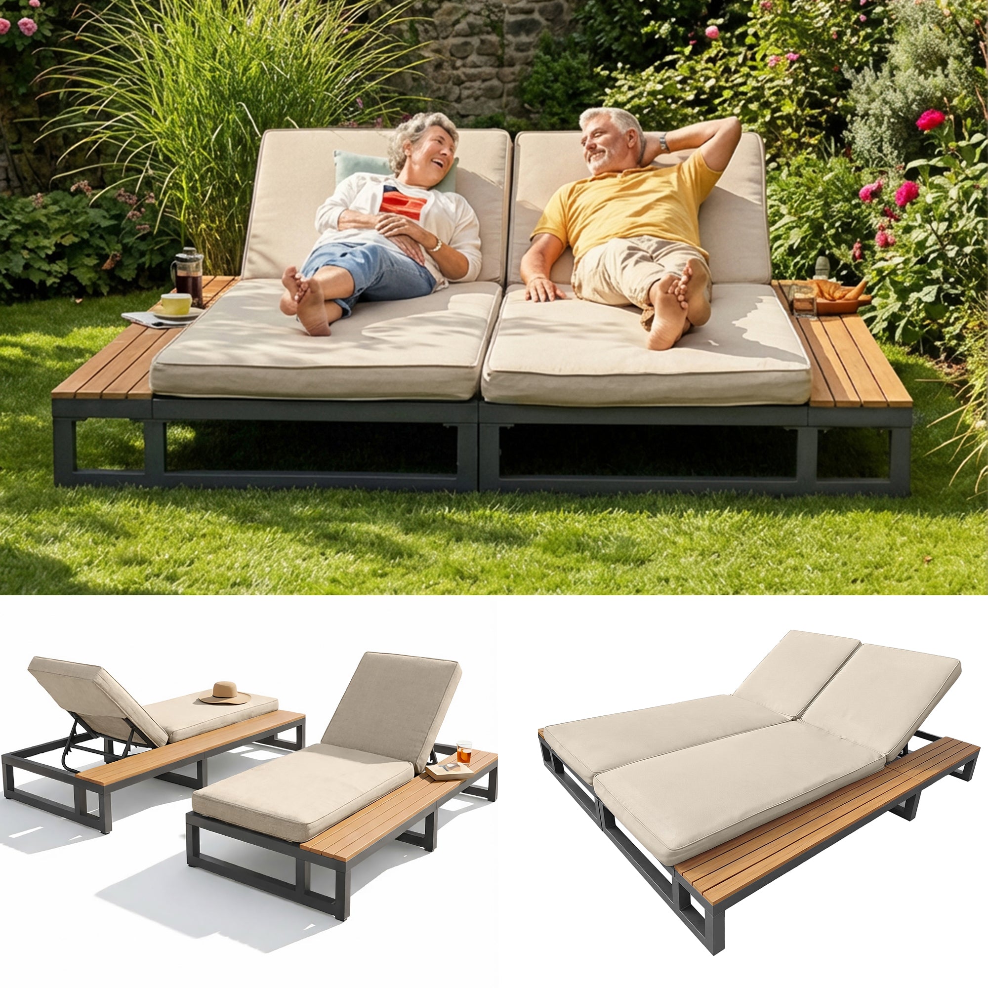 Outdoor Patio Daybed with Adjustable Backrest and Shelves, Waterproof Double Lounge Bed, Beige