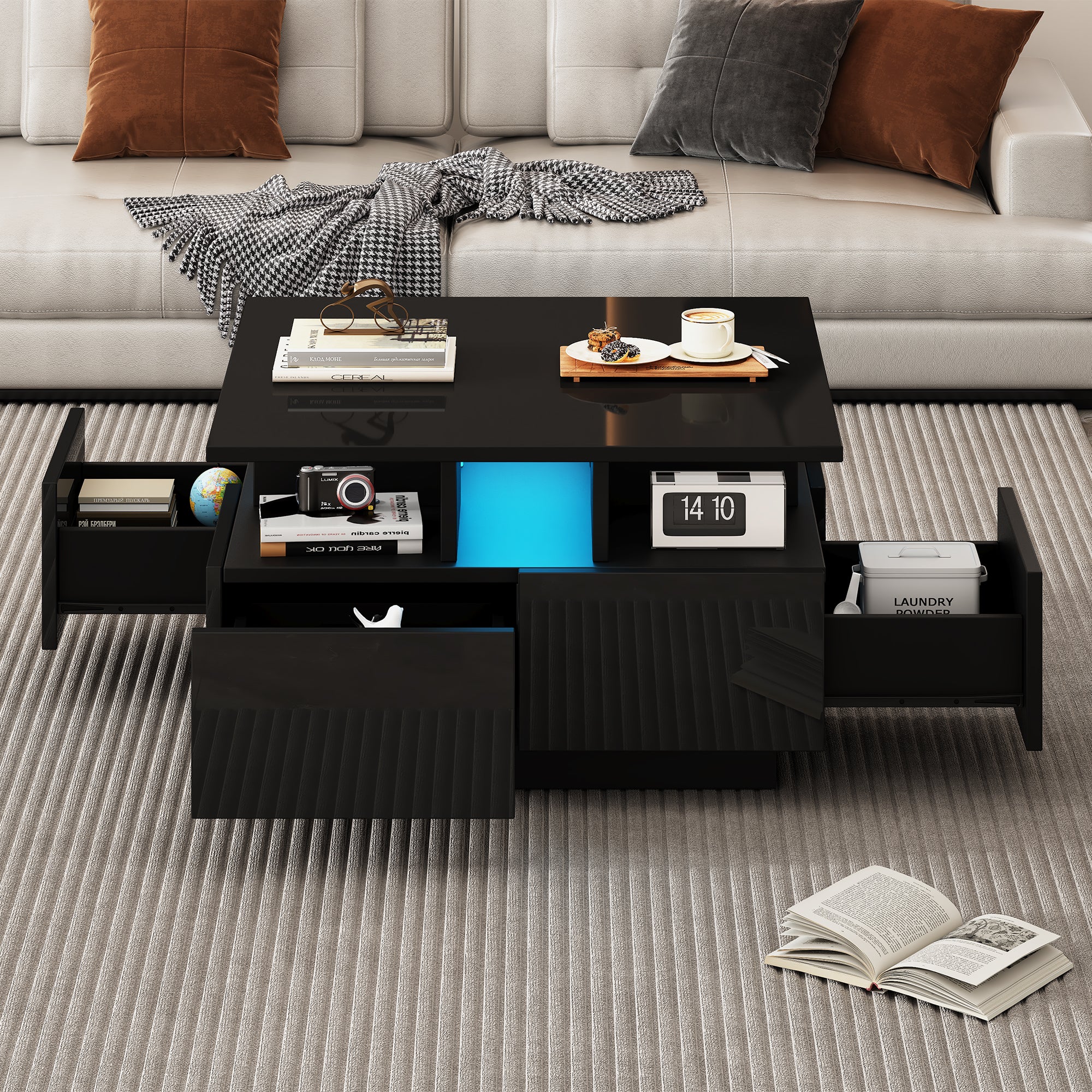 Coffee Table, High-Gloss LED with 4 Drawers, Geometric Design, Black