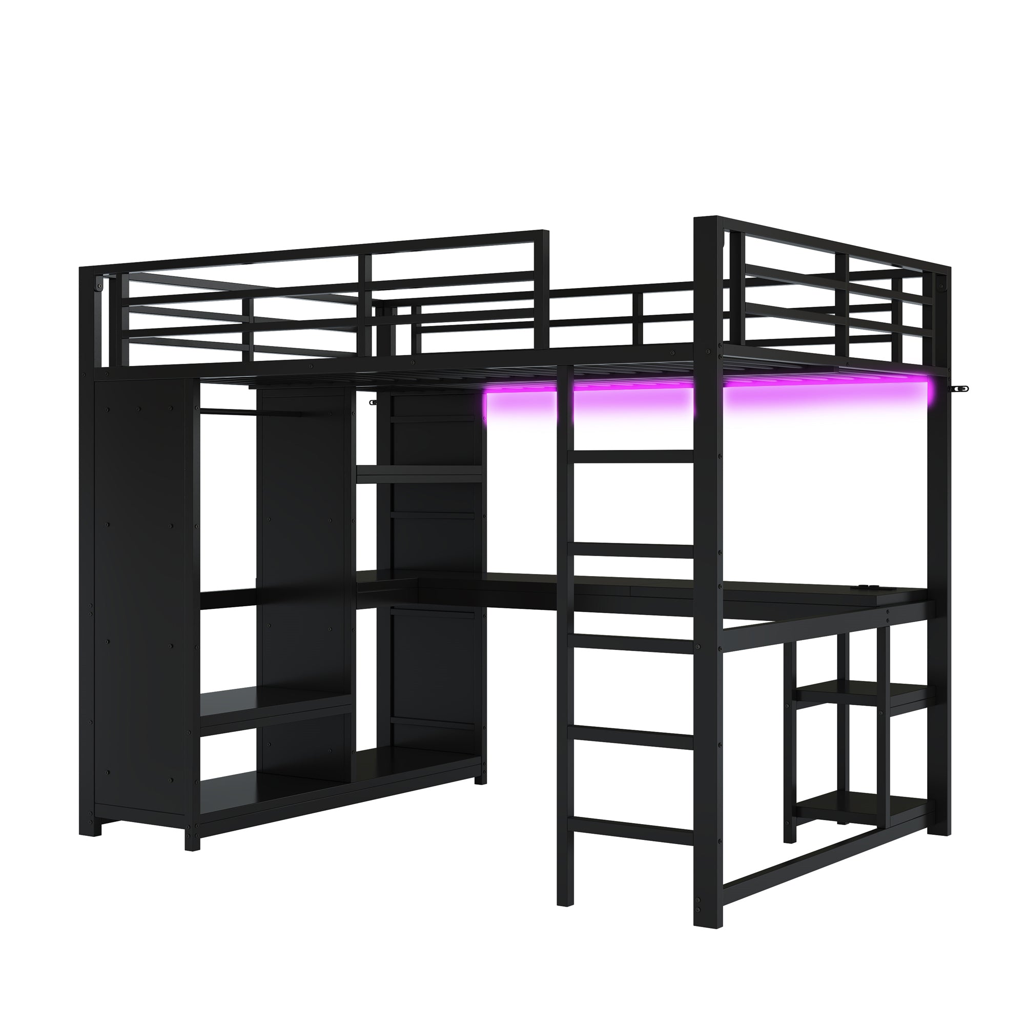 140x200 Gaming Loft Bed with LED, Desk & Storage, Metal Black