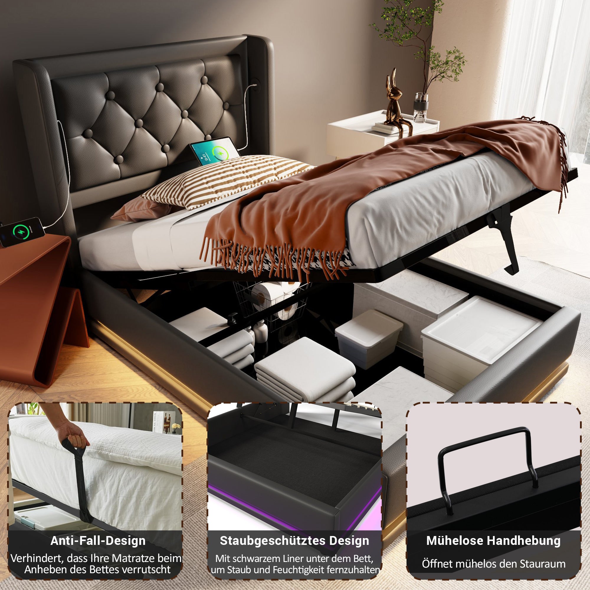 Upholstered Single Bed 90x200cm Hydraulic Storage USB-C LED Headboard, Black PU