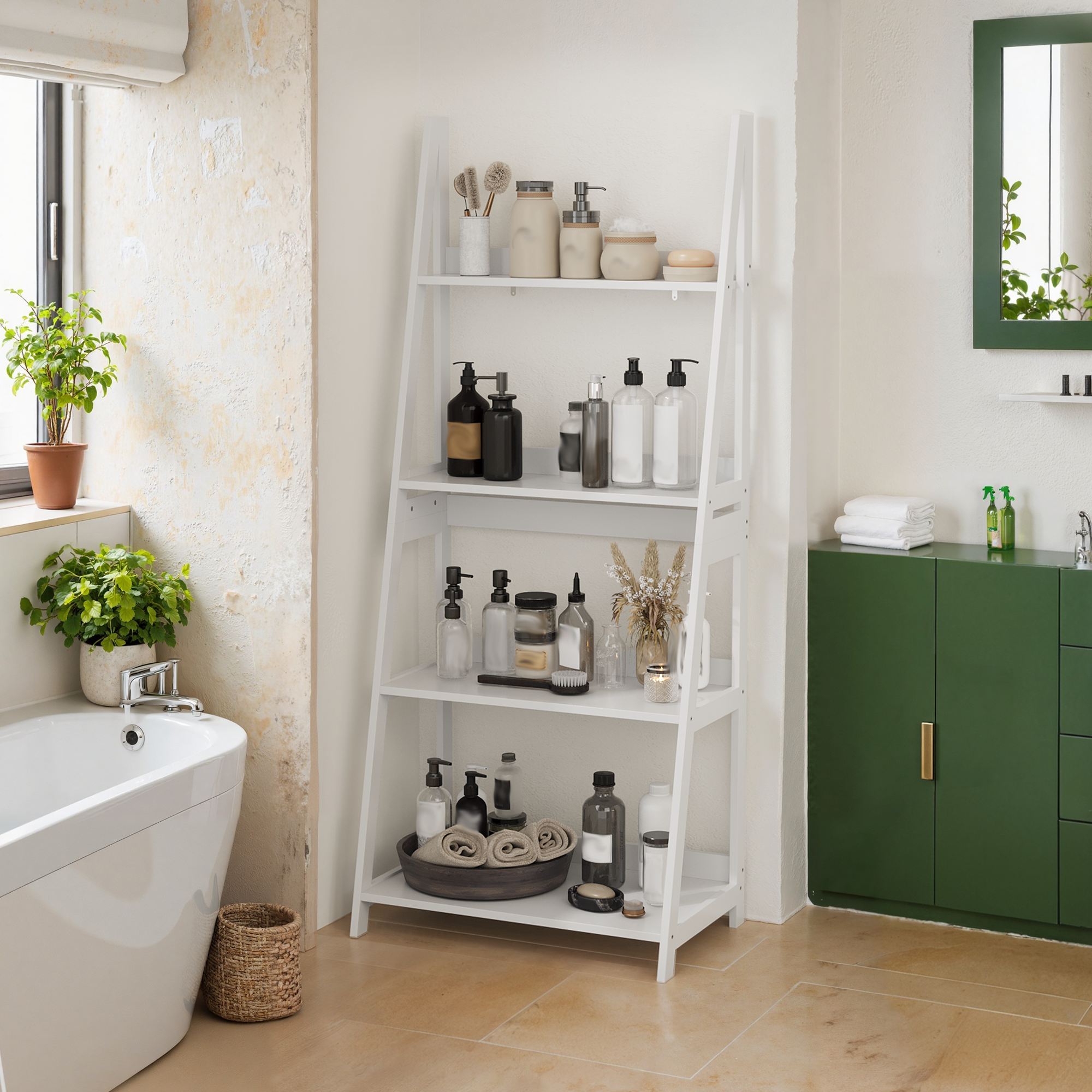 Ladder Bookshelf Display Stand, 4-Tier Bookcase, Bathroom Storage, White