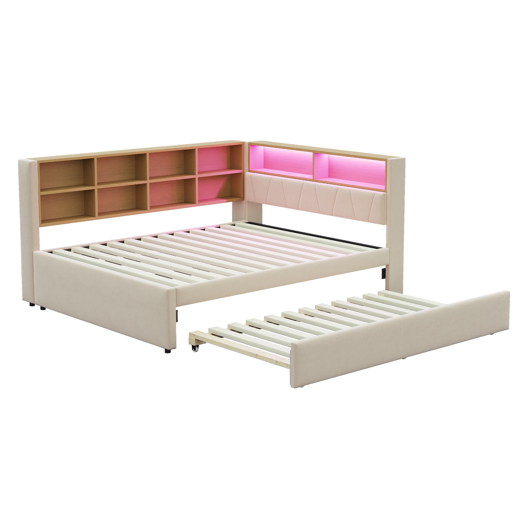 Sofa Bed 140x200, Pull-out 90x190, LED Lights & Storage, Flannel Beige