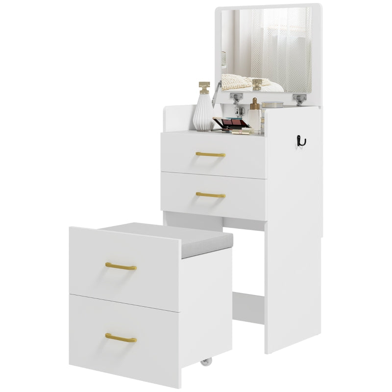 3-in-1 Dressing Table with Mirror, Bedside Table, Rolling Stool, Drawers, White