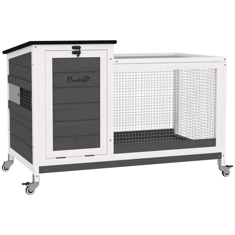 Rabbit Hutch, Free-Range Enclosure with Wheels, Folding Roof, Wooden Dark Grey