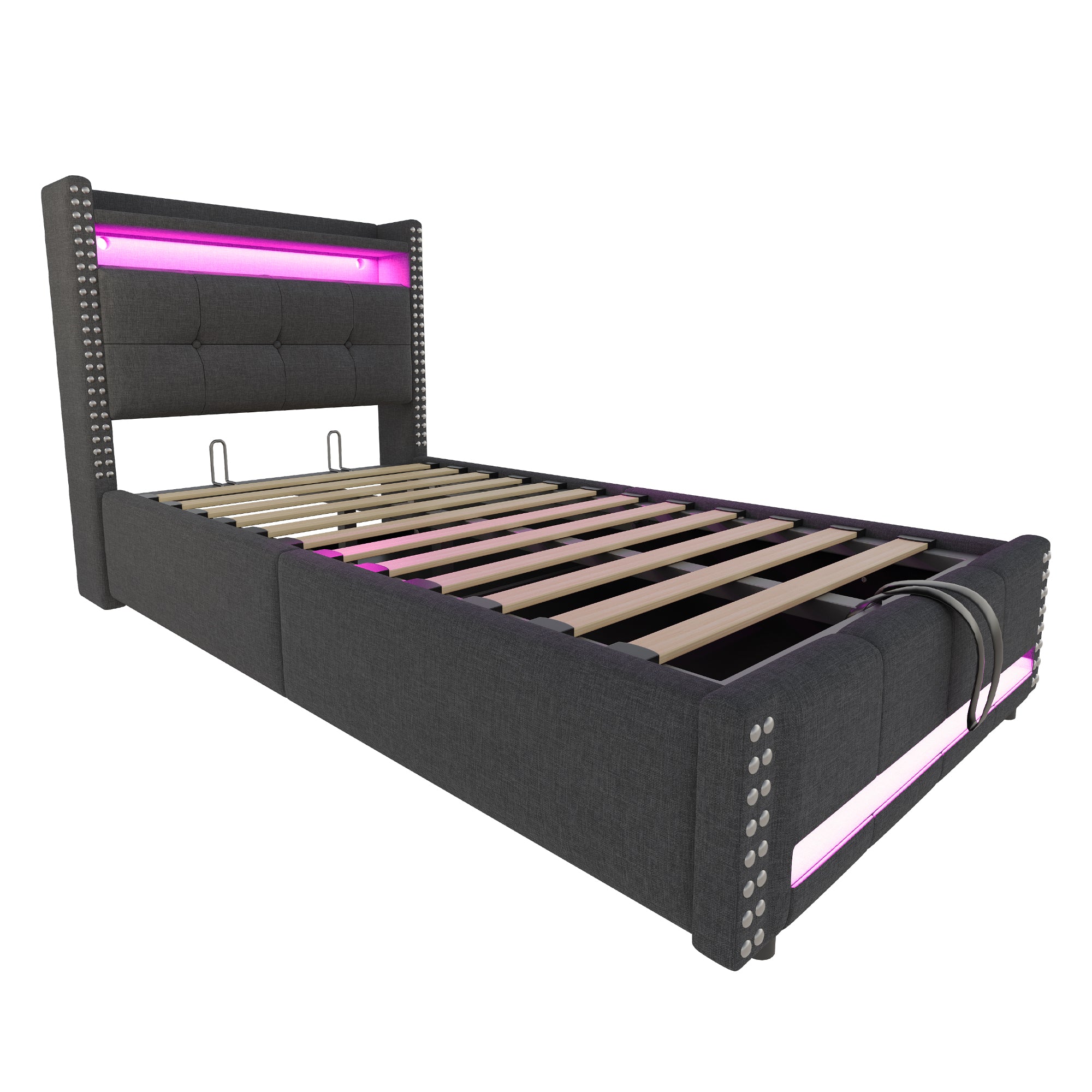 Linen Upholstered Single Bed with Storage, LED Lights & USB Charging
