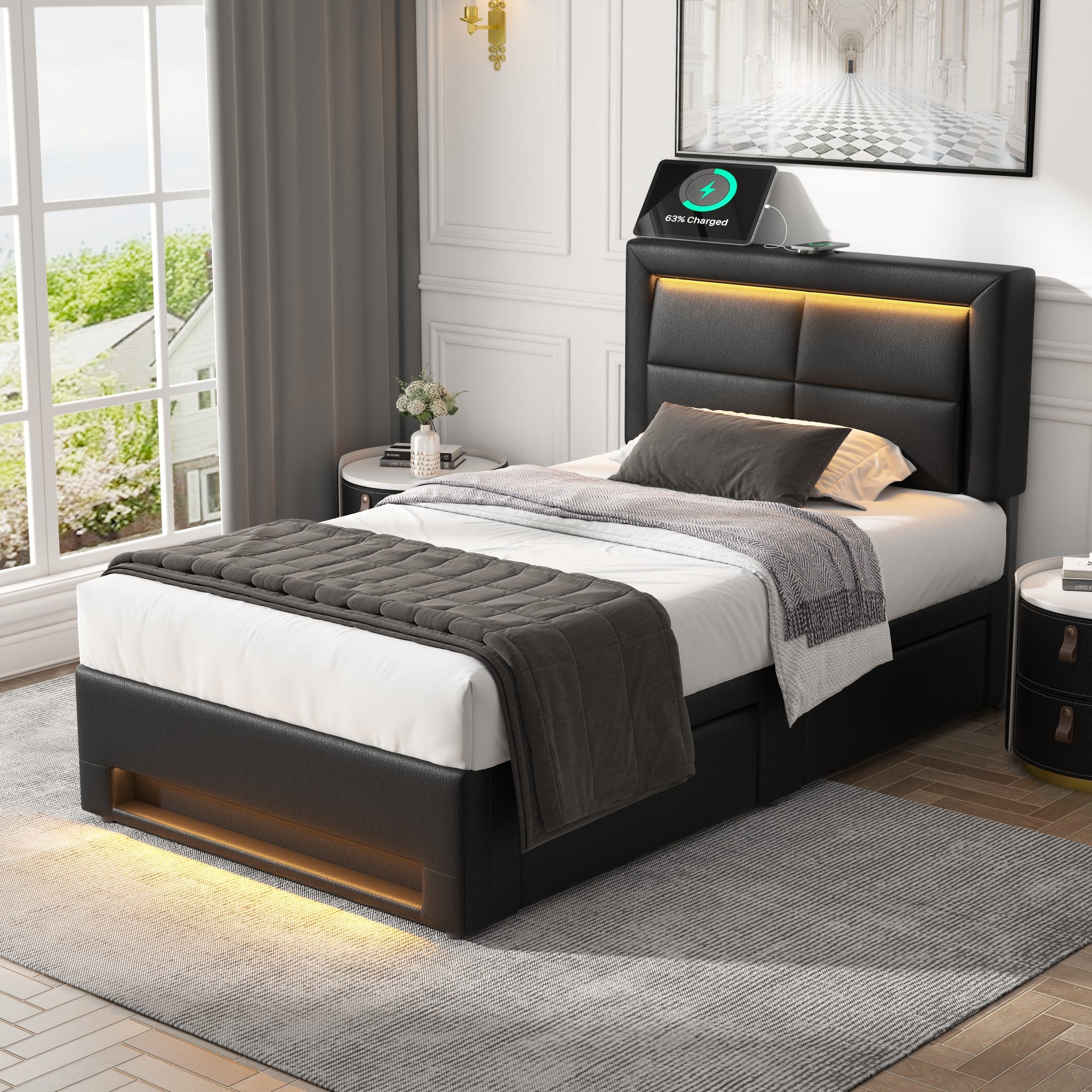 Upholstered Bed 90x190cm USB Charging LED Lighting 4 Drawers - PU Lychee Black