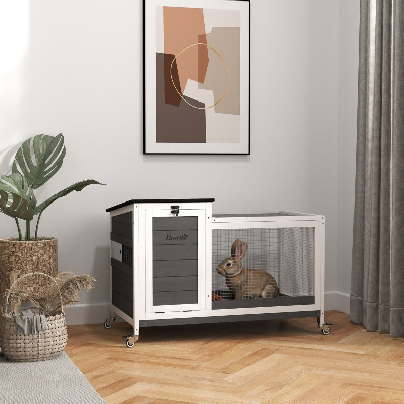 Rabbit Hutch, Free-Range Enclosure with Wheels, Folding Roof, Wooden Dark Grey