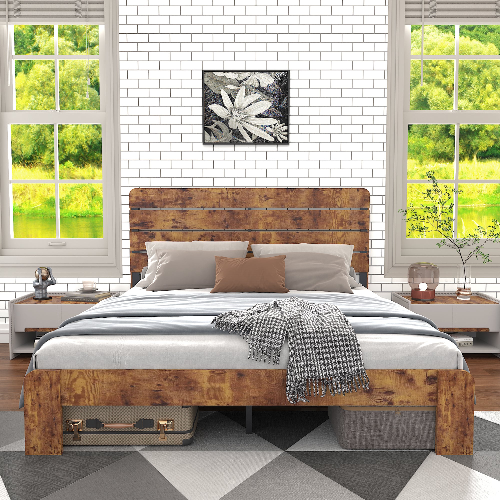 Wooden Double Bed 140x200cm High Headboard Frame, Antique Wood/Iron