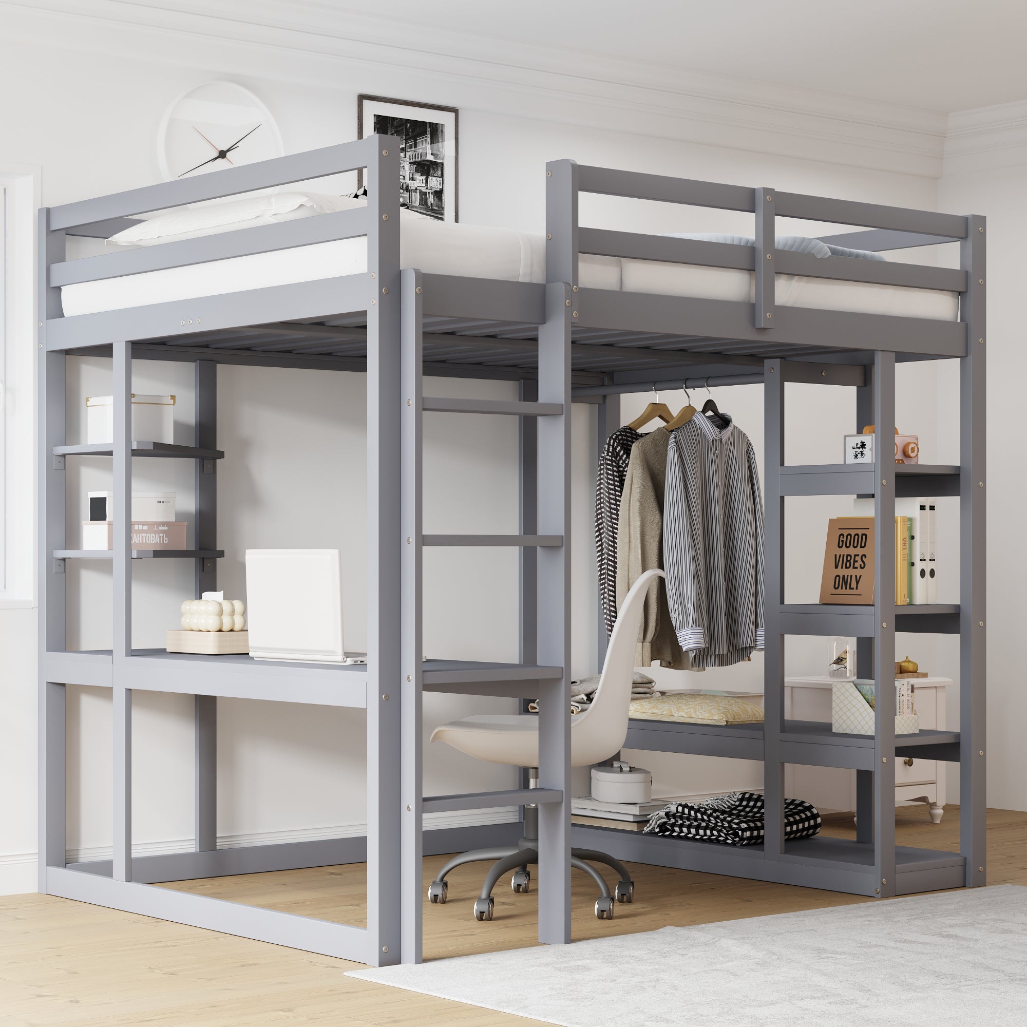 Loft Bed with Ladder, Table & Shelves, 140x200 cm, Solid Wood Grey
