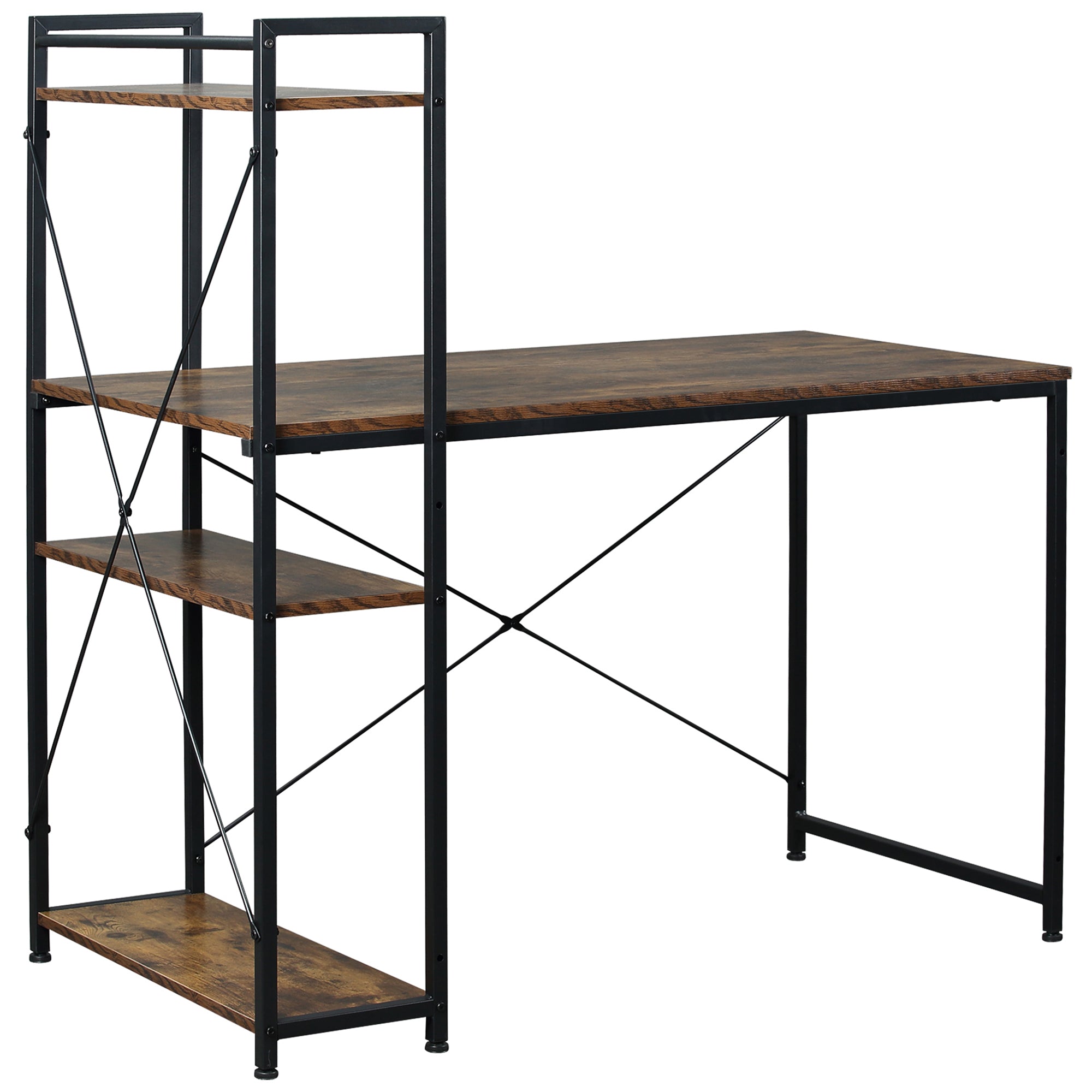 Study Desk Computer Table with 4-Tier Bookshelf and Metal Frame, Rustic Brown & Black