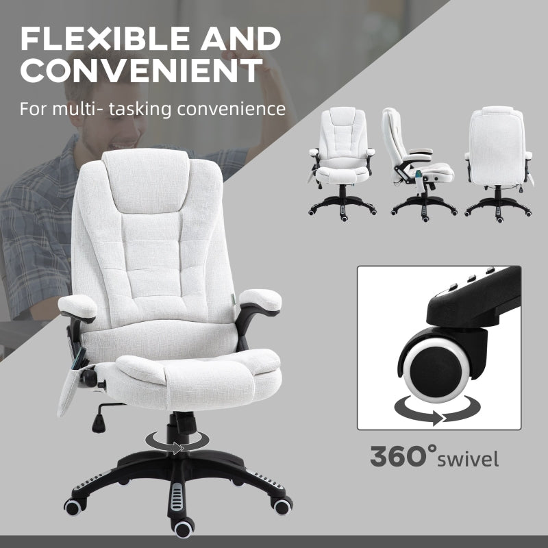 Massage Recliner Office Chair, Heated Six Massage Points 360° Swivel, Linen-Feel Fabric Cream White