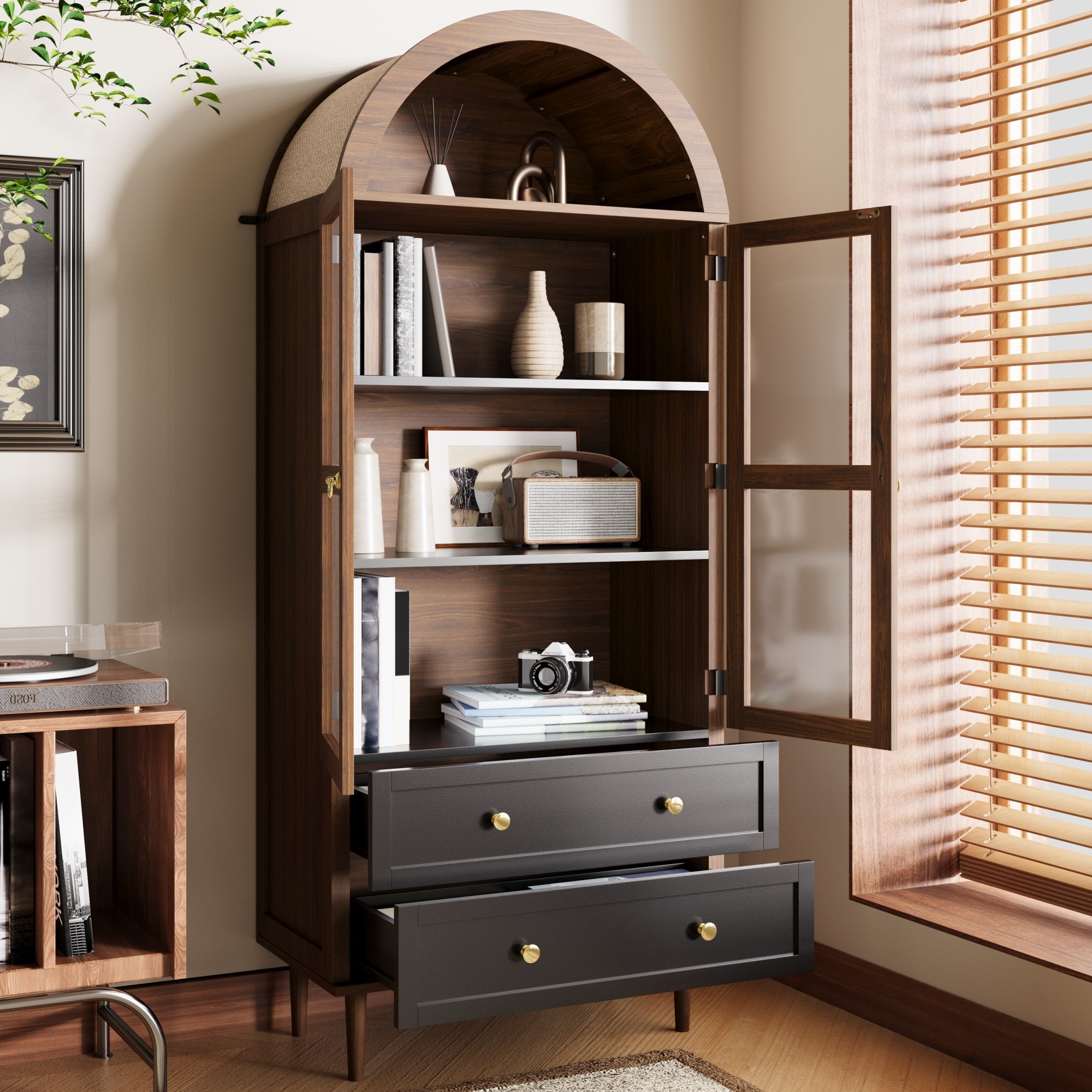 Chest of Drawers Storage Cabinet Adjustable Shelves Curved Glass Sideboard