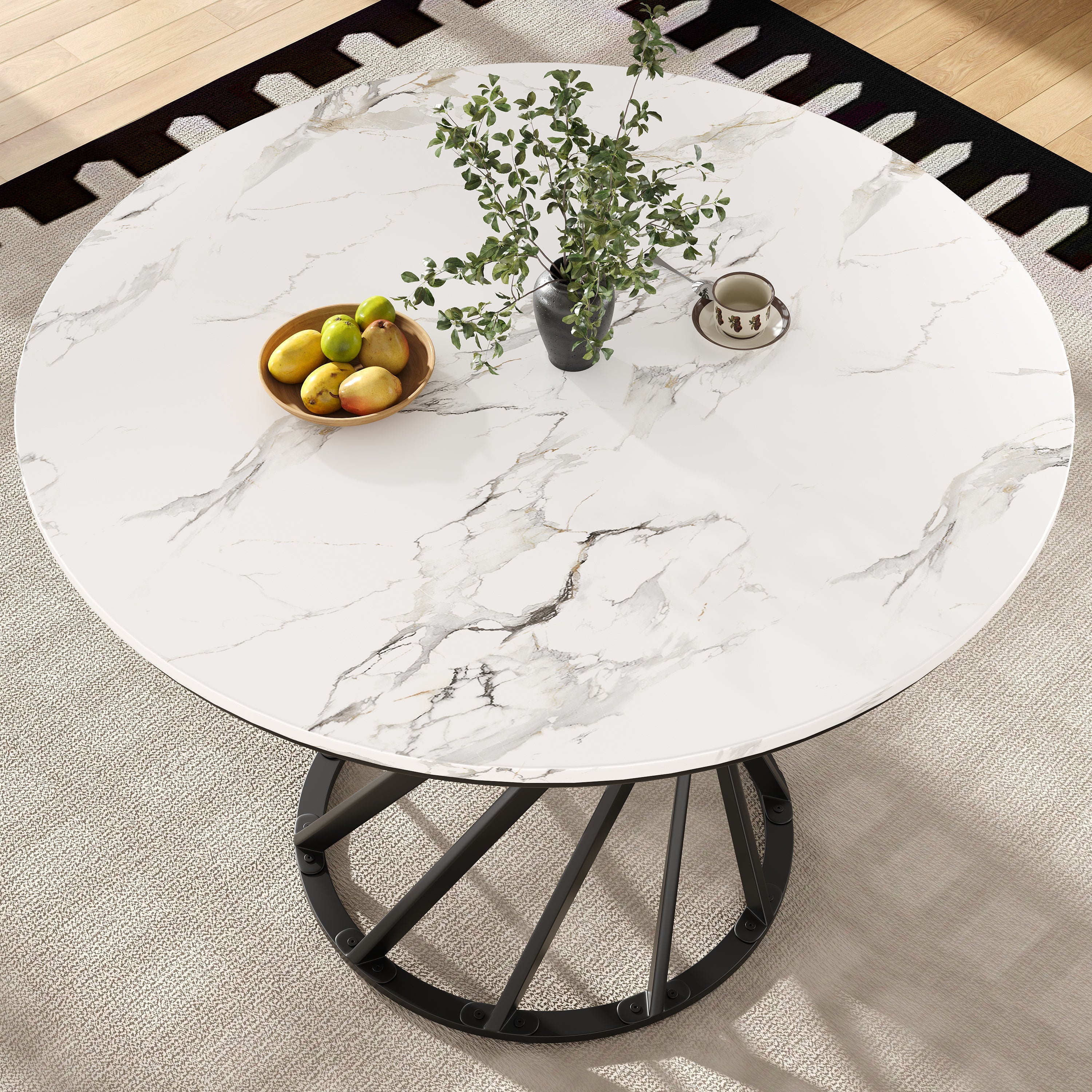 Round Dining Table 80cm for 4 Marbled MDF Top Black Metal Legs