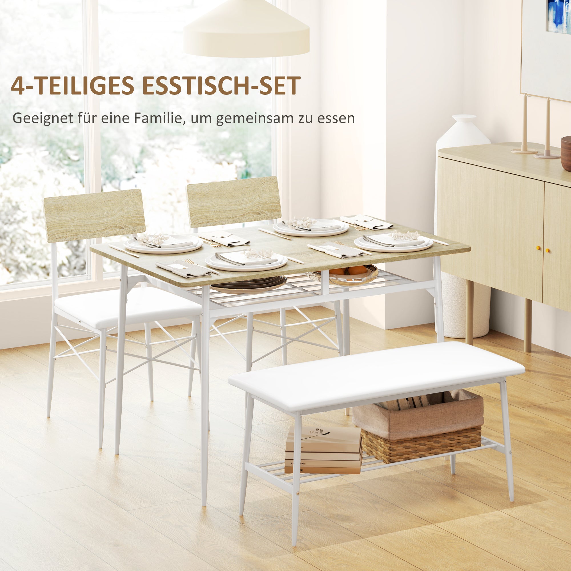 Dining Table Set, 4-Person Kitchen Table with Storage, Oak