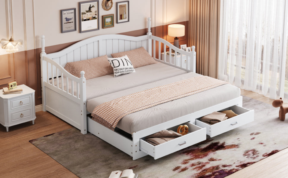 Sofa Bed, Pull-Out Multifunctional with Drawers & Slatted Frame, Pinewood White