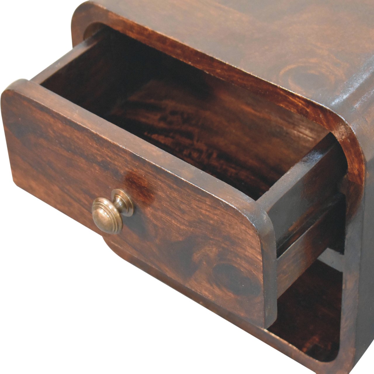 Solid Wood Bedside, Mini Curved Wall Mounted w/ Open Slot & 1 Drawer, Dark Brown