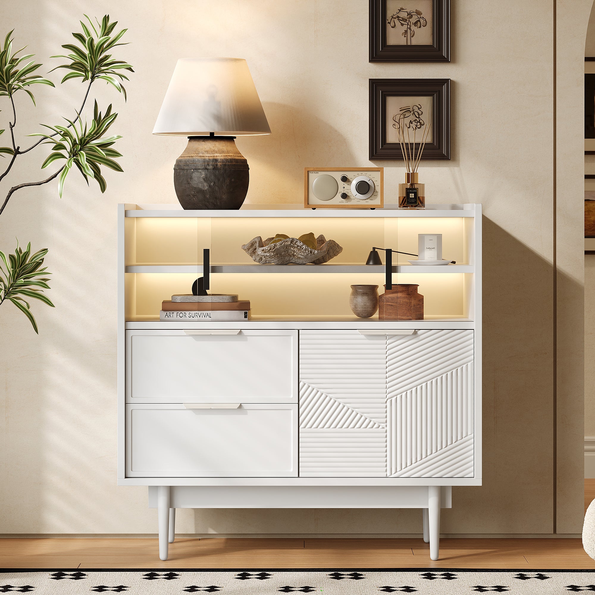 Storage Cabinet Sideboard with Light Strip, 80 cm Wide, Glass Door