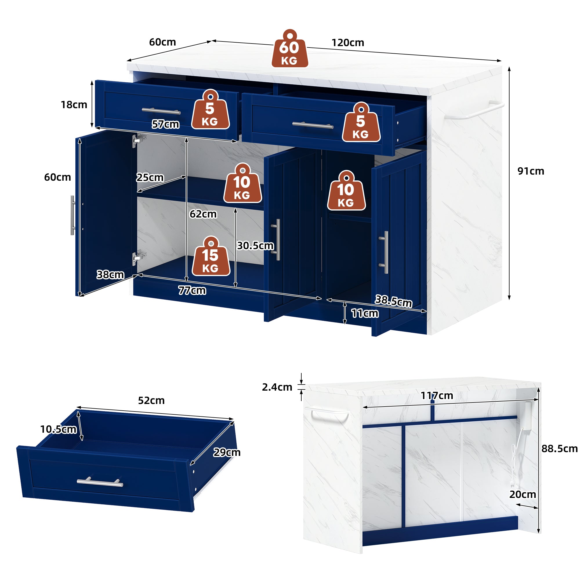 Kitchen Island with Power Outlets and Adjustable Shelves, Wood Look
