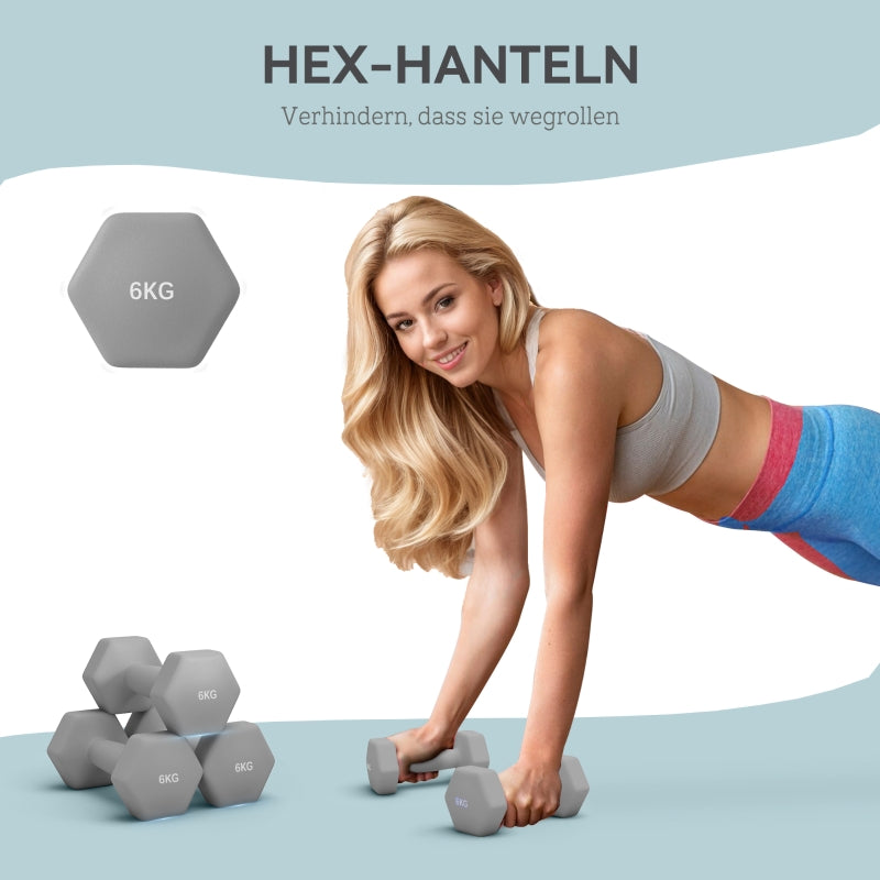 Dumbbell Set 2 x 6 kg Hexagonal Non-Slip - Grey