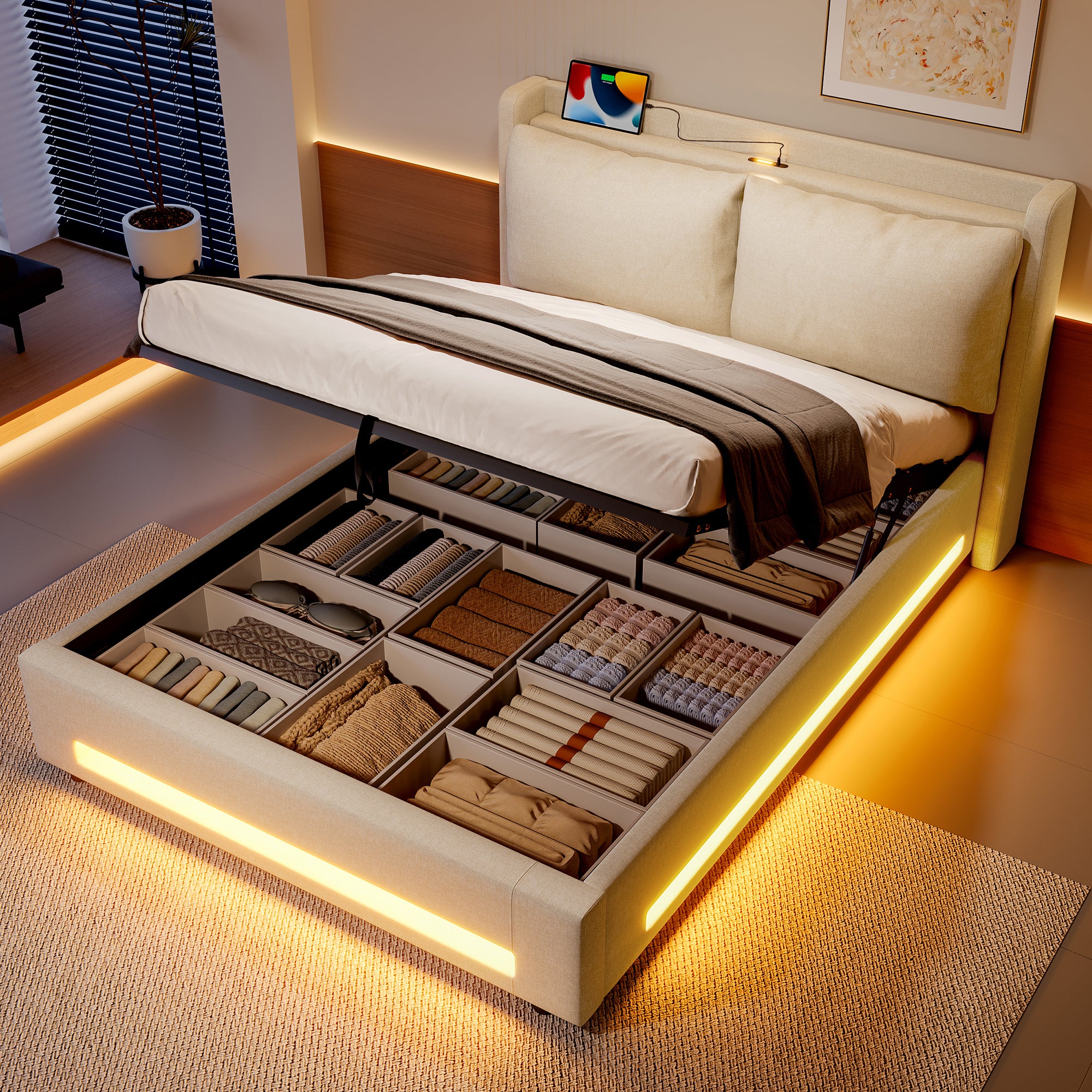 Modern Upholstered Bed with Storage, USB-C, LED, Hydraulic Lift, Velvet