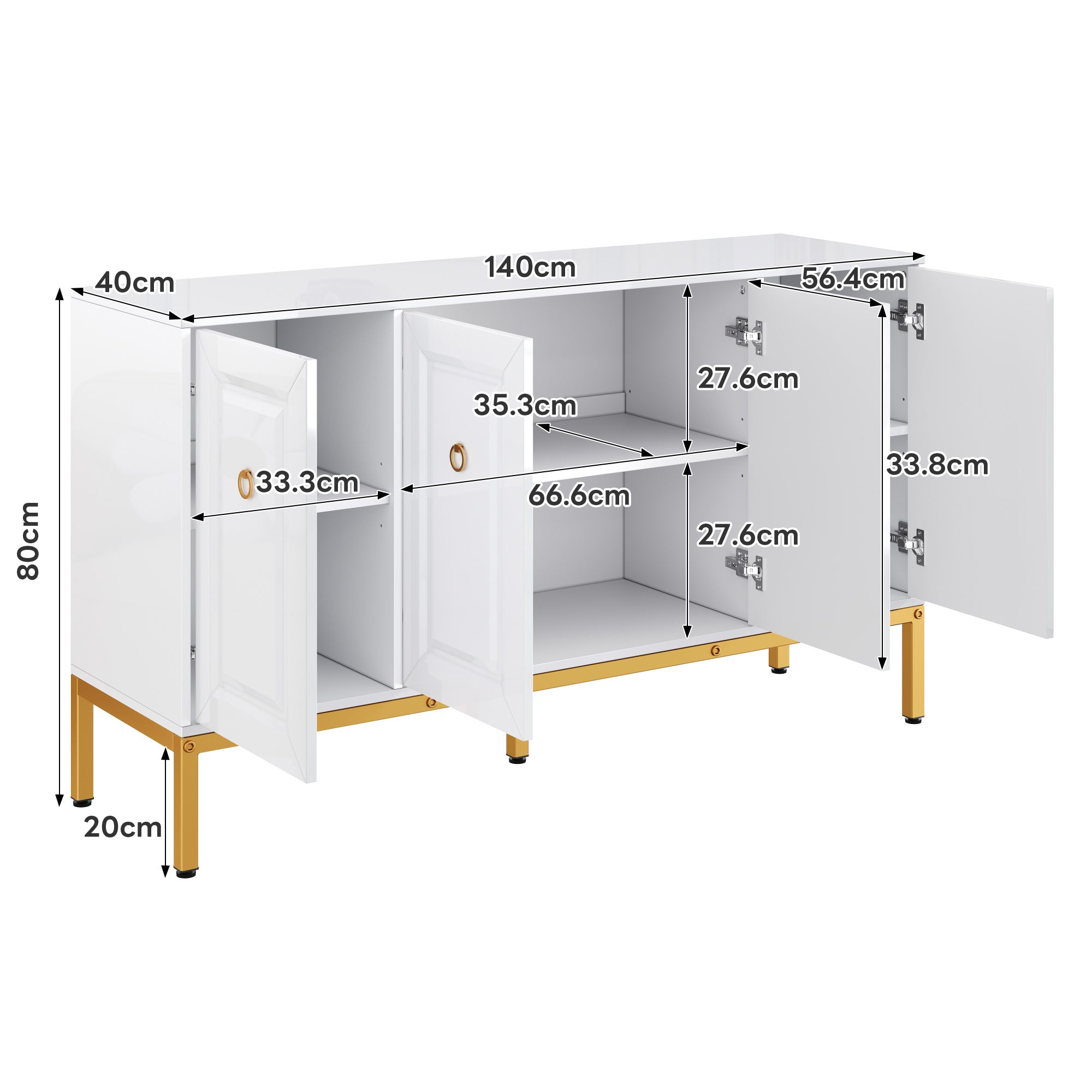 Sideboard, High-Gloss Storage Unit with Shelves, Gold Handles and Legs, White
