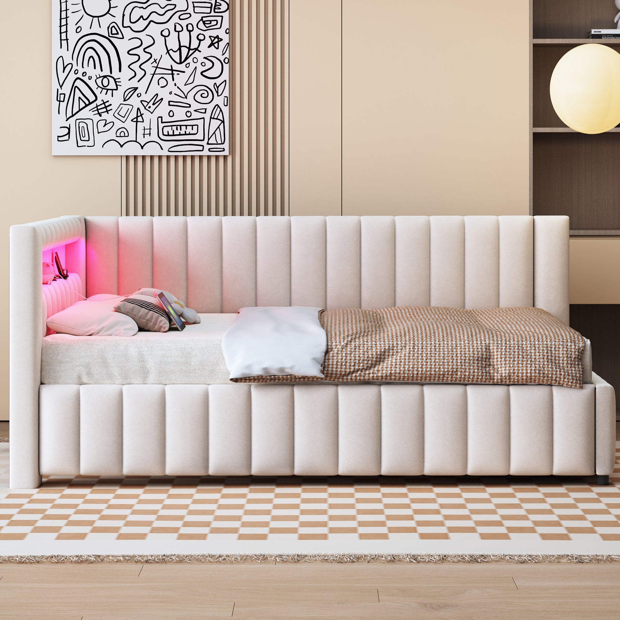 Upholstered Sofa Bed 140x200 with LED & USB Charging Port, Velvet Beige