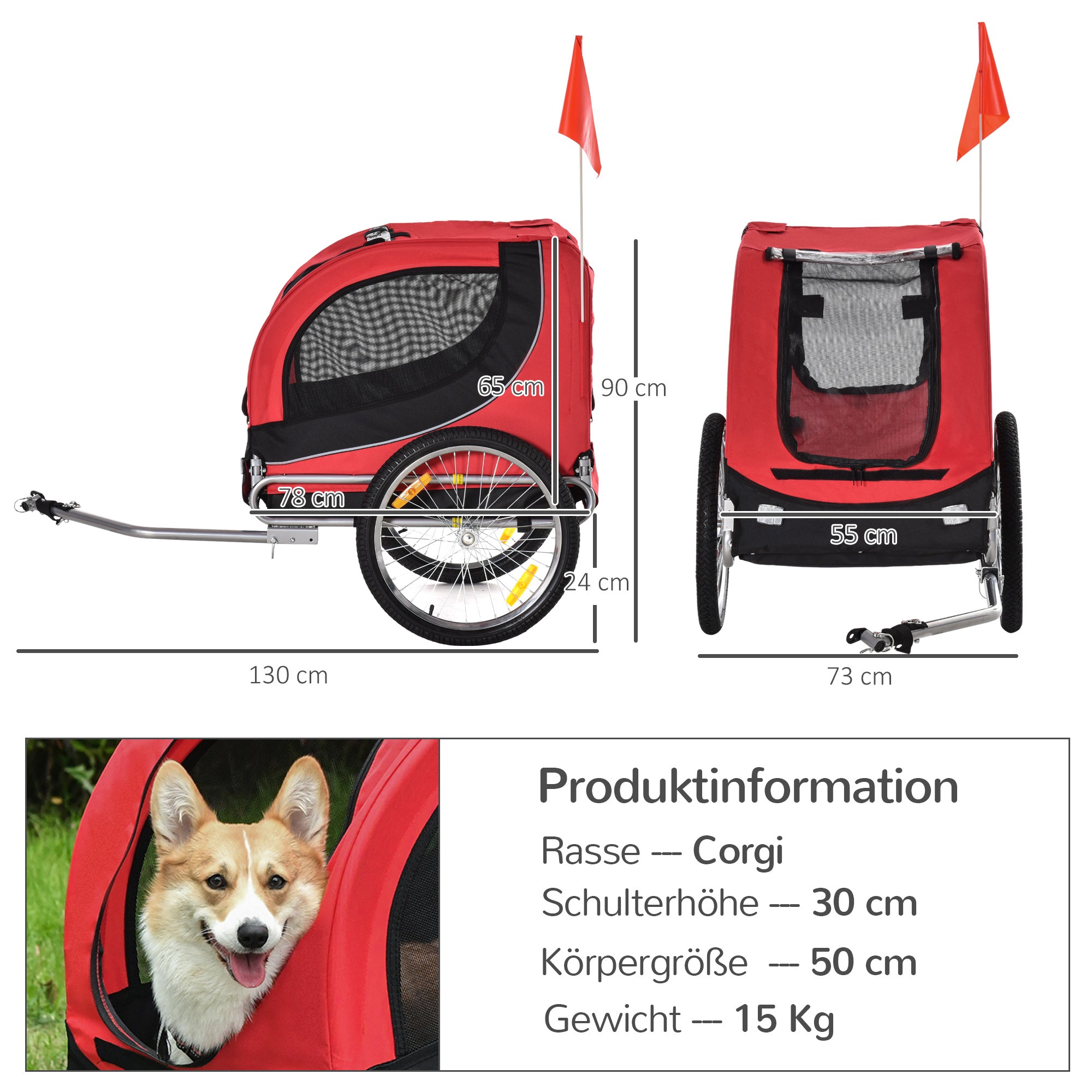 Dog Trailer Bicycle Transporter, 130 x 73 x 90 cm, Red+Black