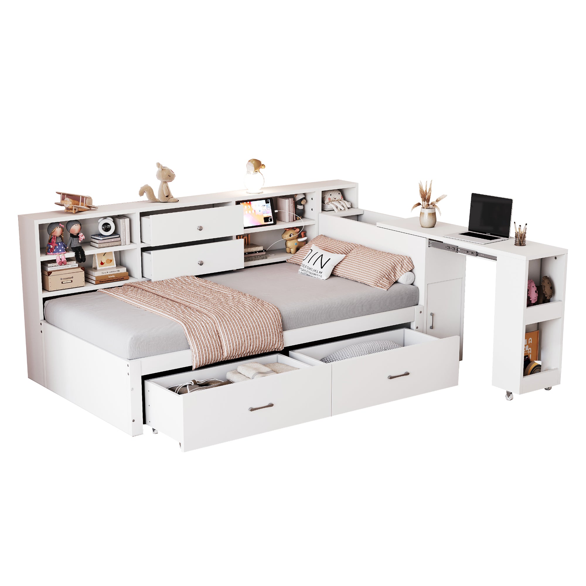 Wooden Sofa Bed 90x200cm Multifunctional Storage Pull-Out Desk, White