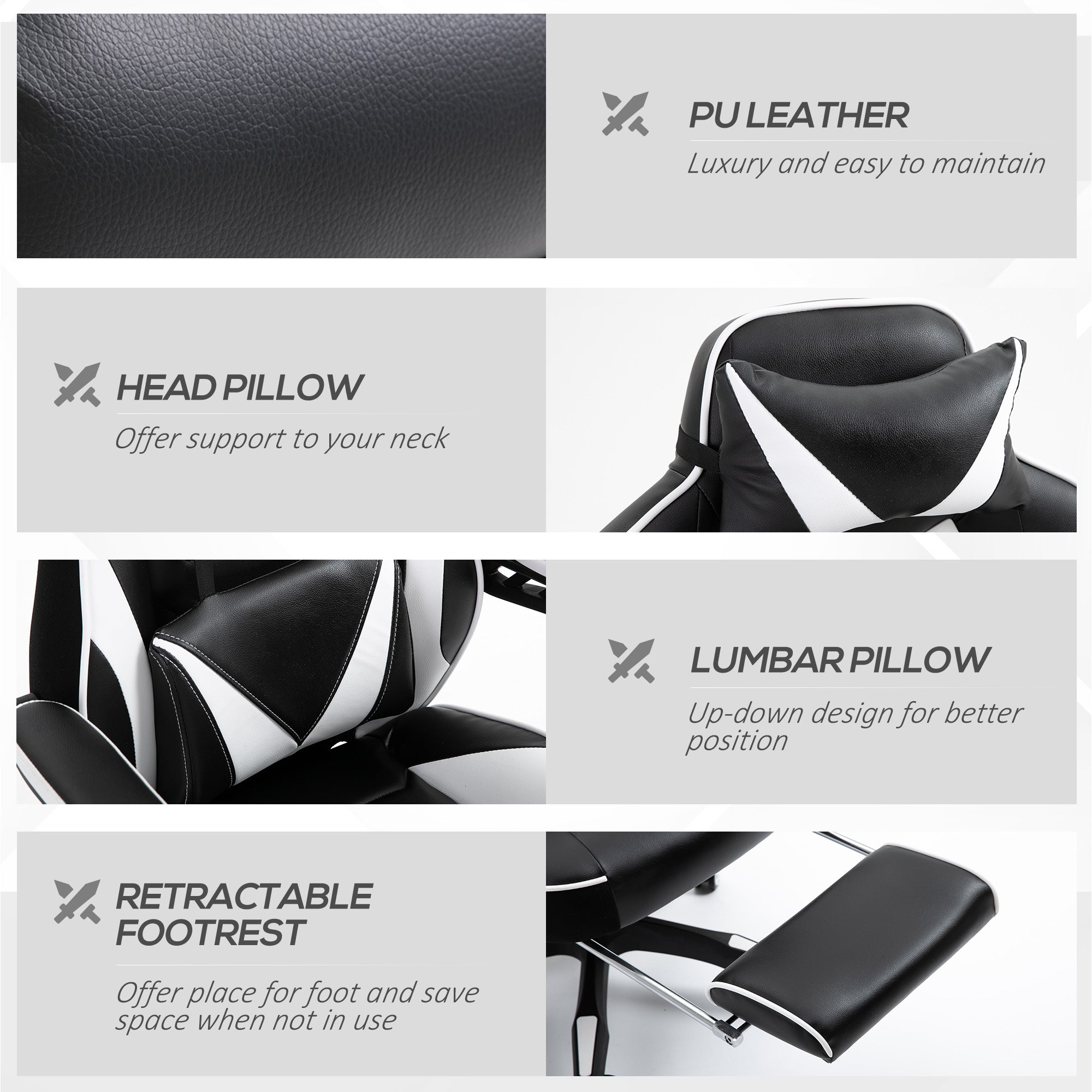 Computer Gaming Chair with Lumbar Support, Footrest, and Headrest, White PU Leather