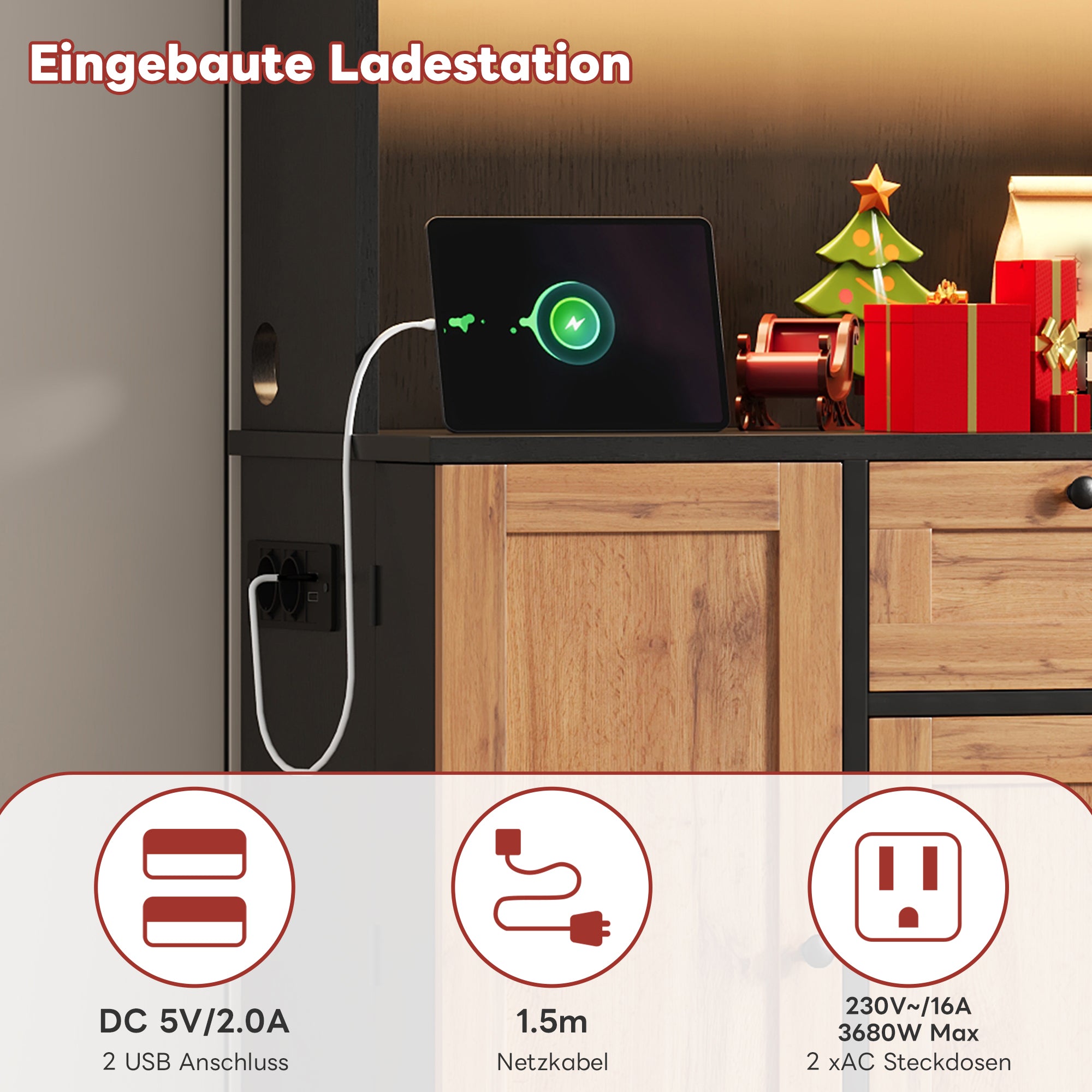 Tall Kitchen Storage Cabinet with LED Lighting and Power Outlet, White and Wood Look