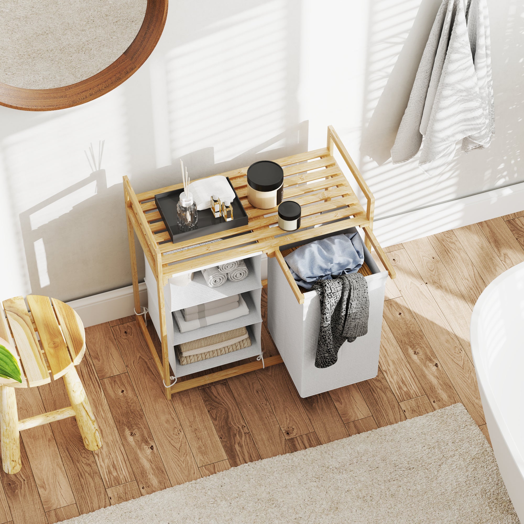 Laundry Basket 4 Compartments, Extendable Bags, 83L, Bamboo White