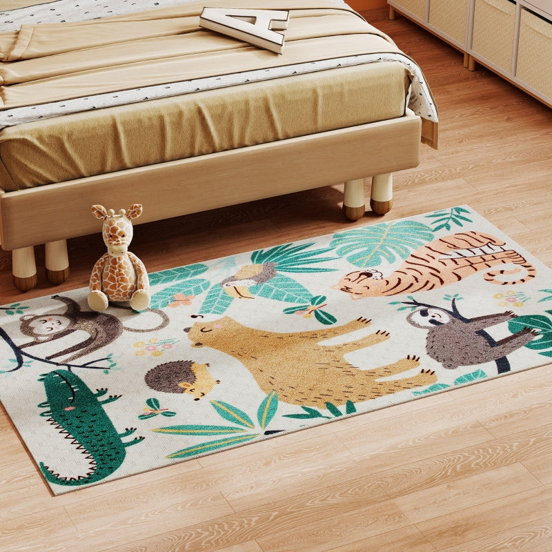 Fleece Rug, Jungle Pattern, Easy-Care, Cream White + Multi-Coloured