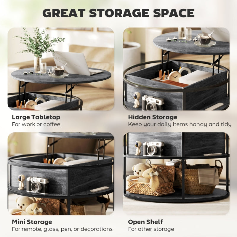 Lift Top Round Coffee Table with Hidden Storage and Steel Frame, Charcoal Grey