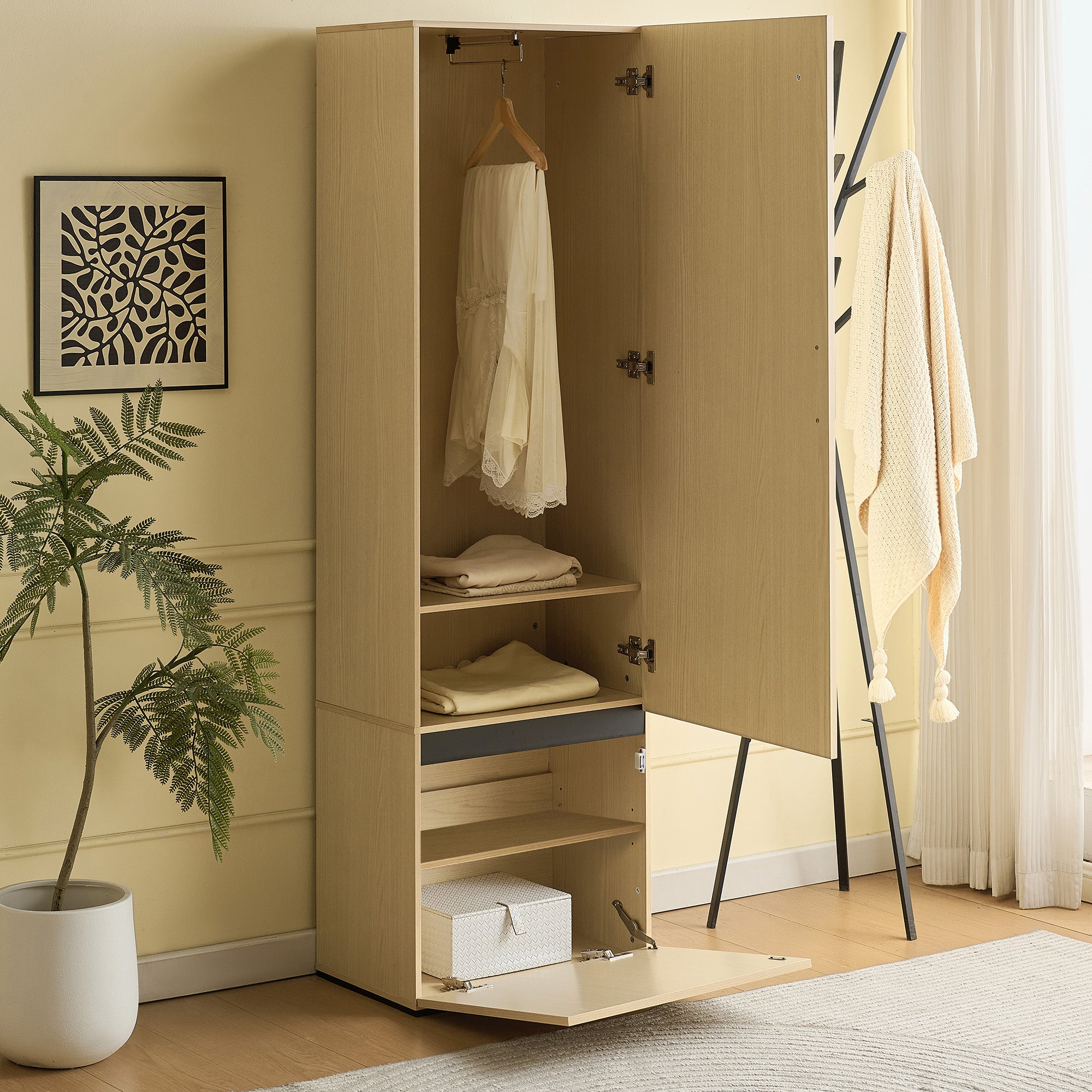 Wardrobe Narrow, Mirror & Pull-Out Rail, Space-Saving MDF