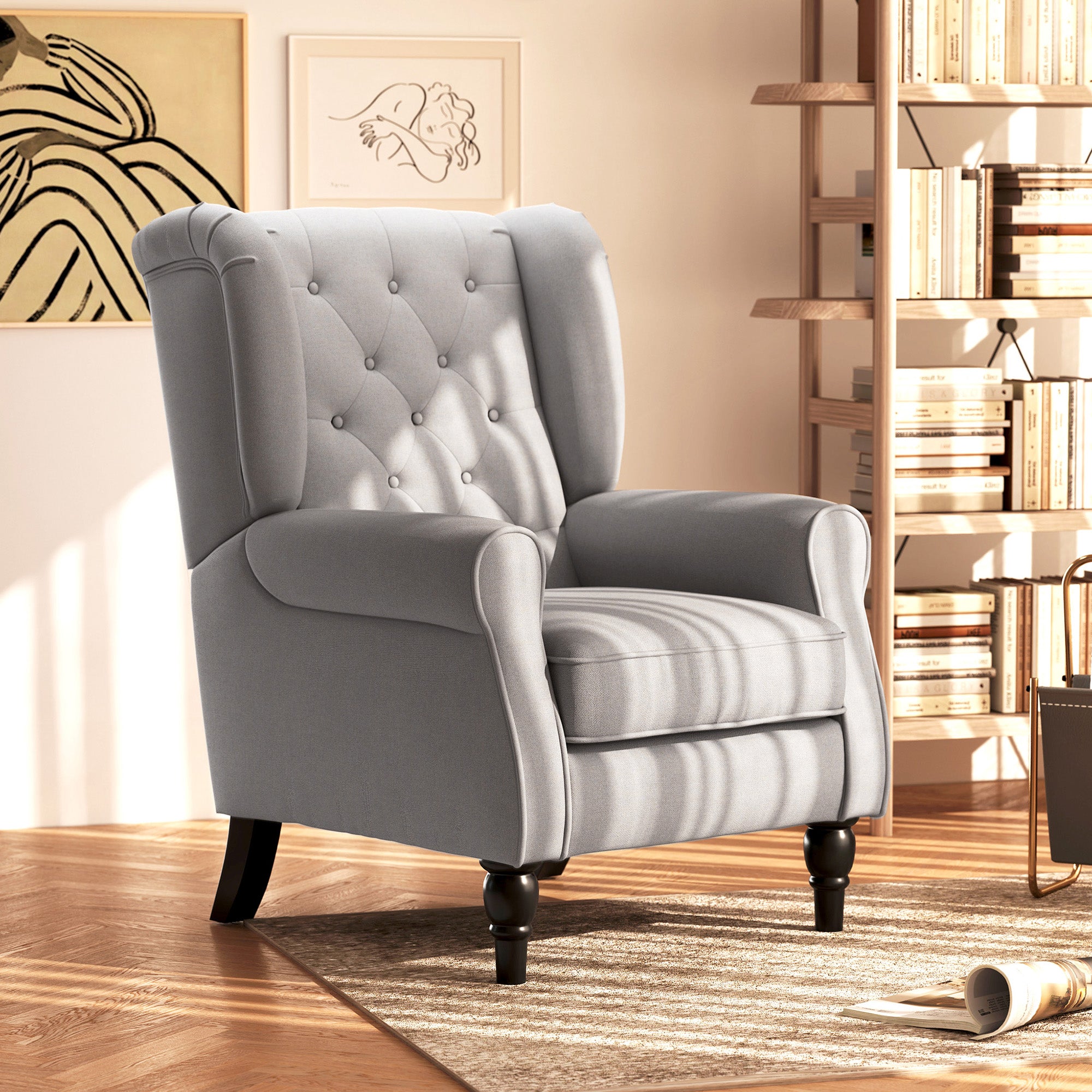 Retro Accent Chair, Wingback Button Tufted Wood Frame Armchair, Grey