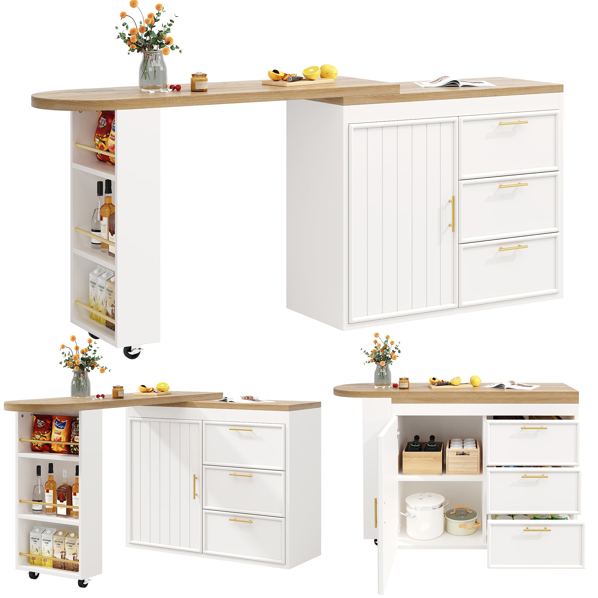 Bar Table with 360° Swivel, 3 Drawers and Storage Shelves, White